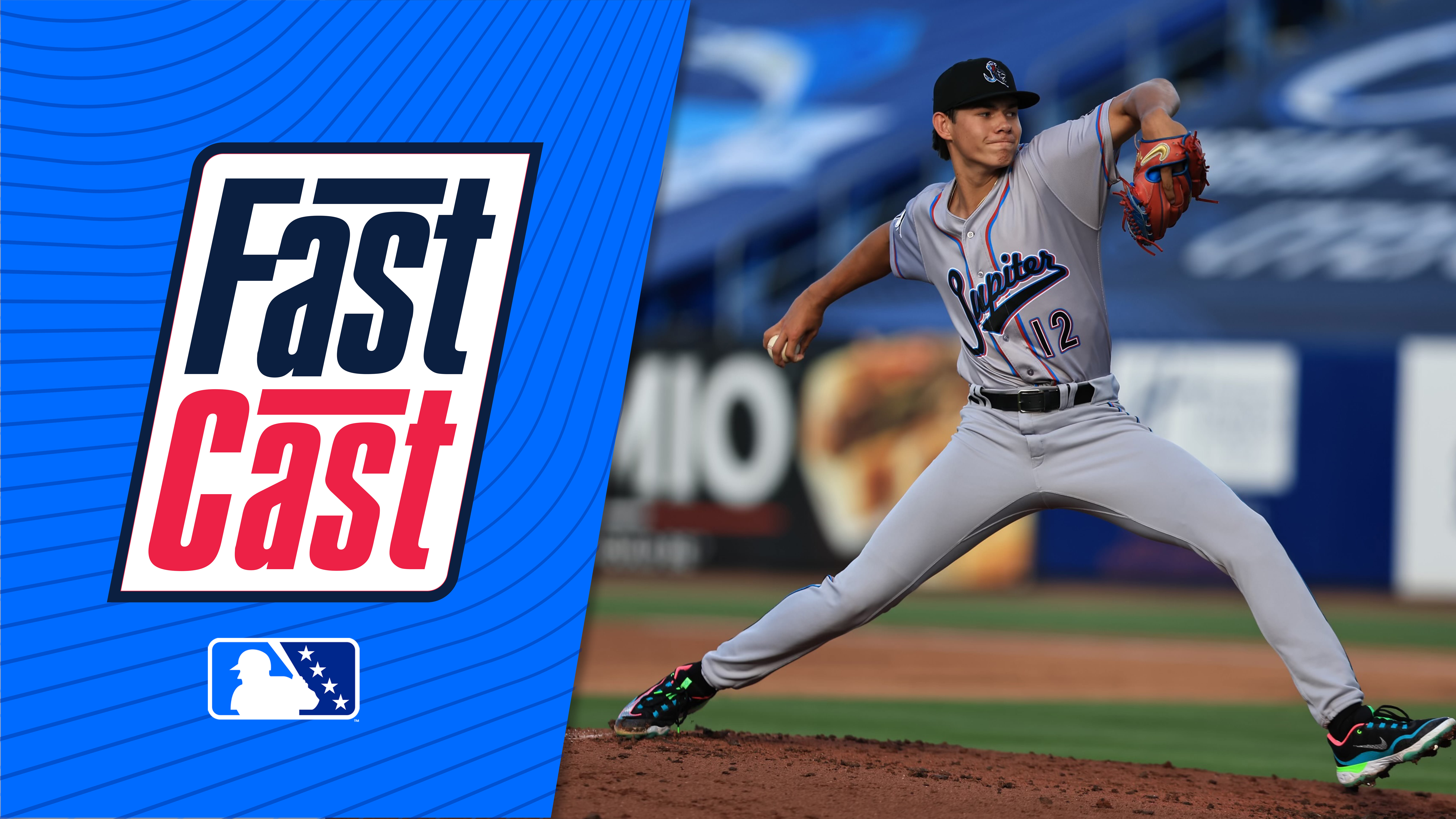 A photo of Noble Meyer pitching next to the FastCast logo