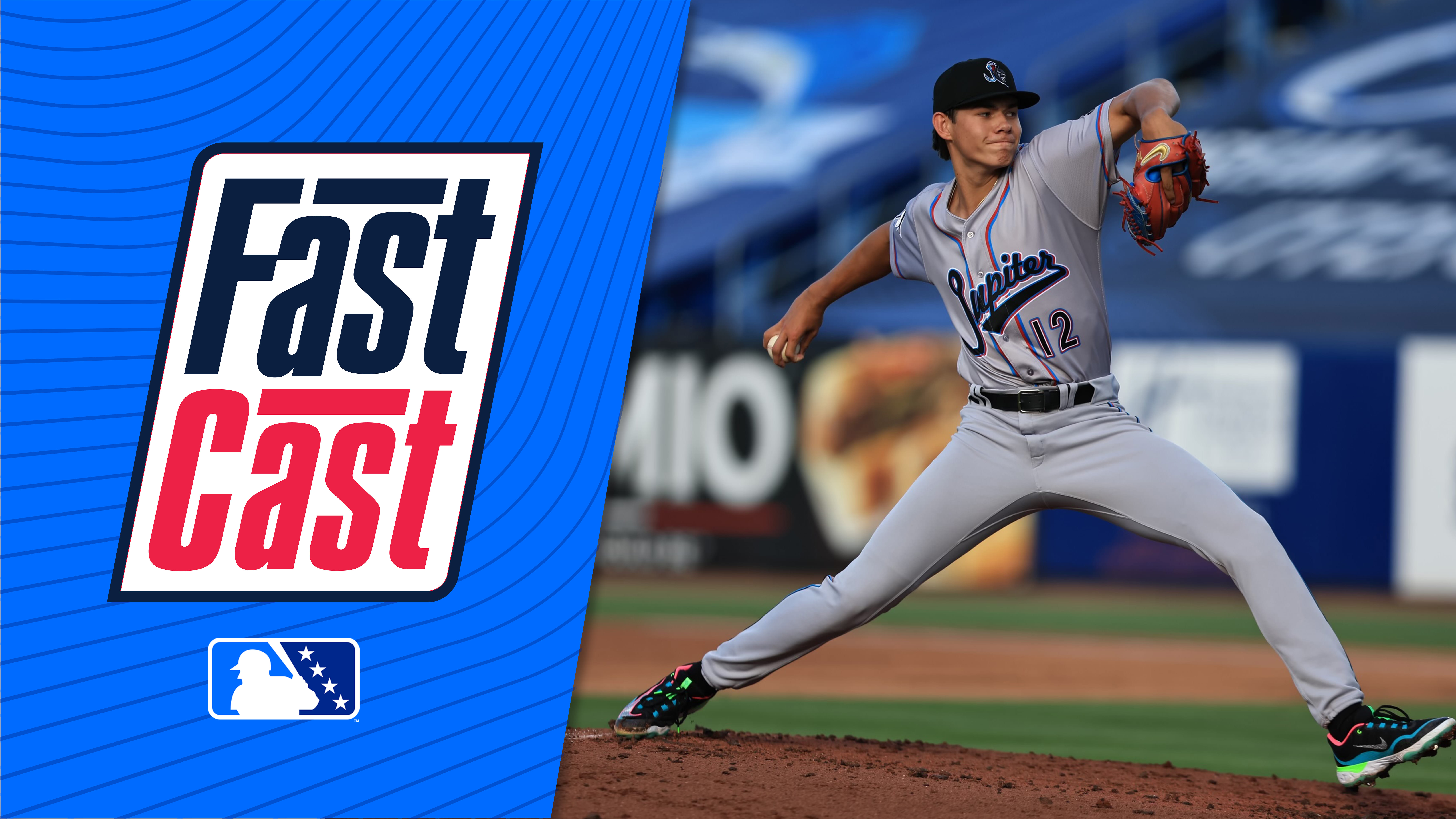 A photo of Noble Meyer pitching next to the FastCast logo
