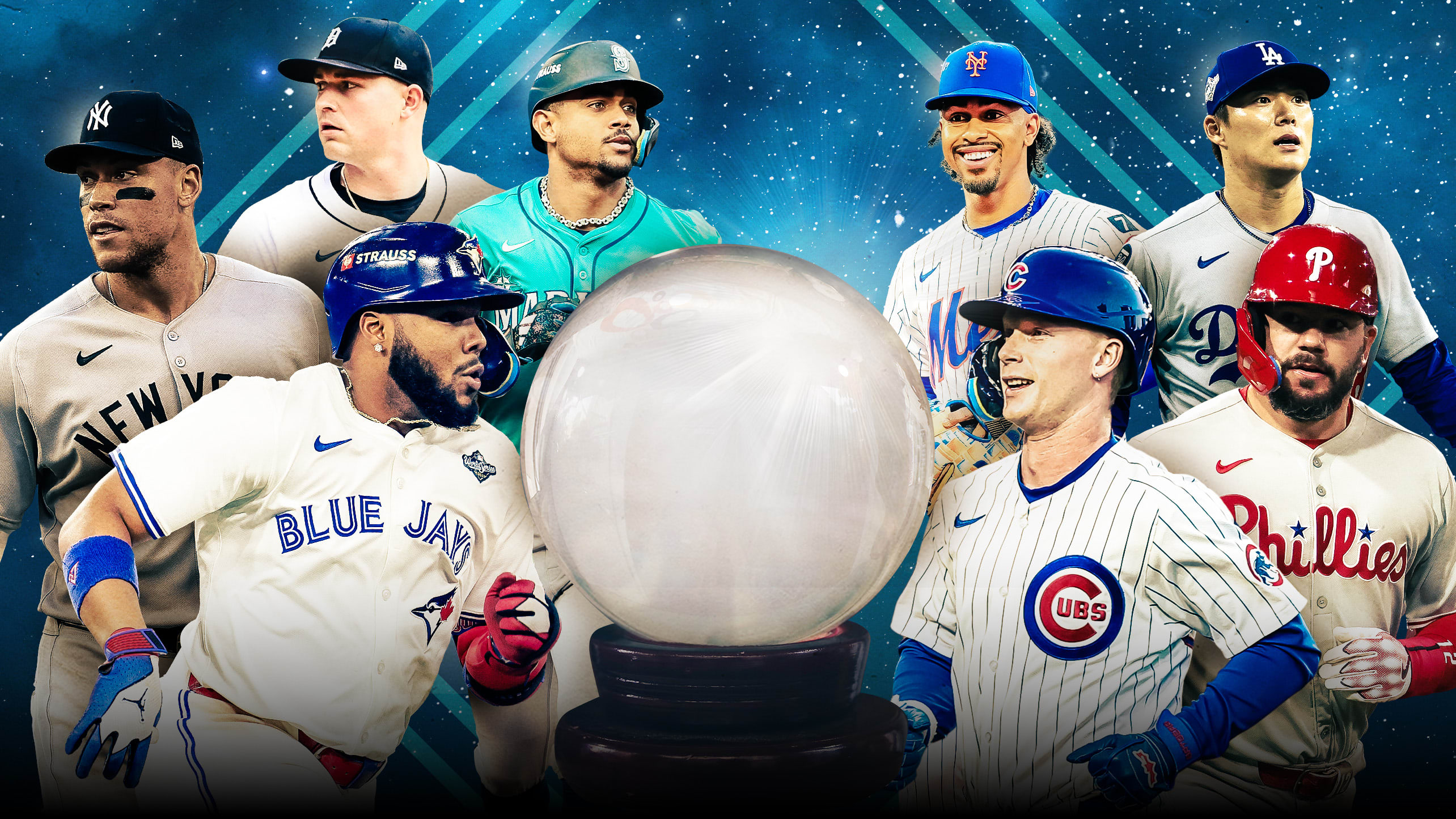 A designed image of eight players around a crystal ball 