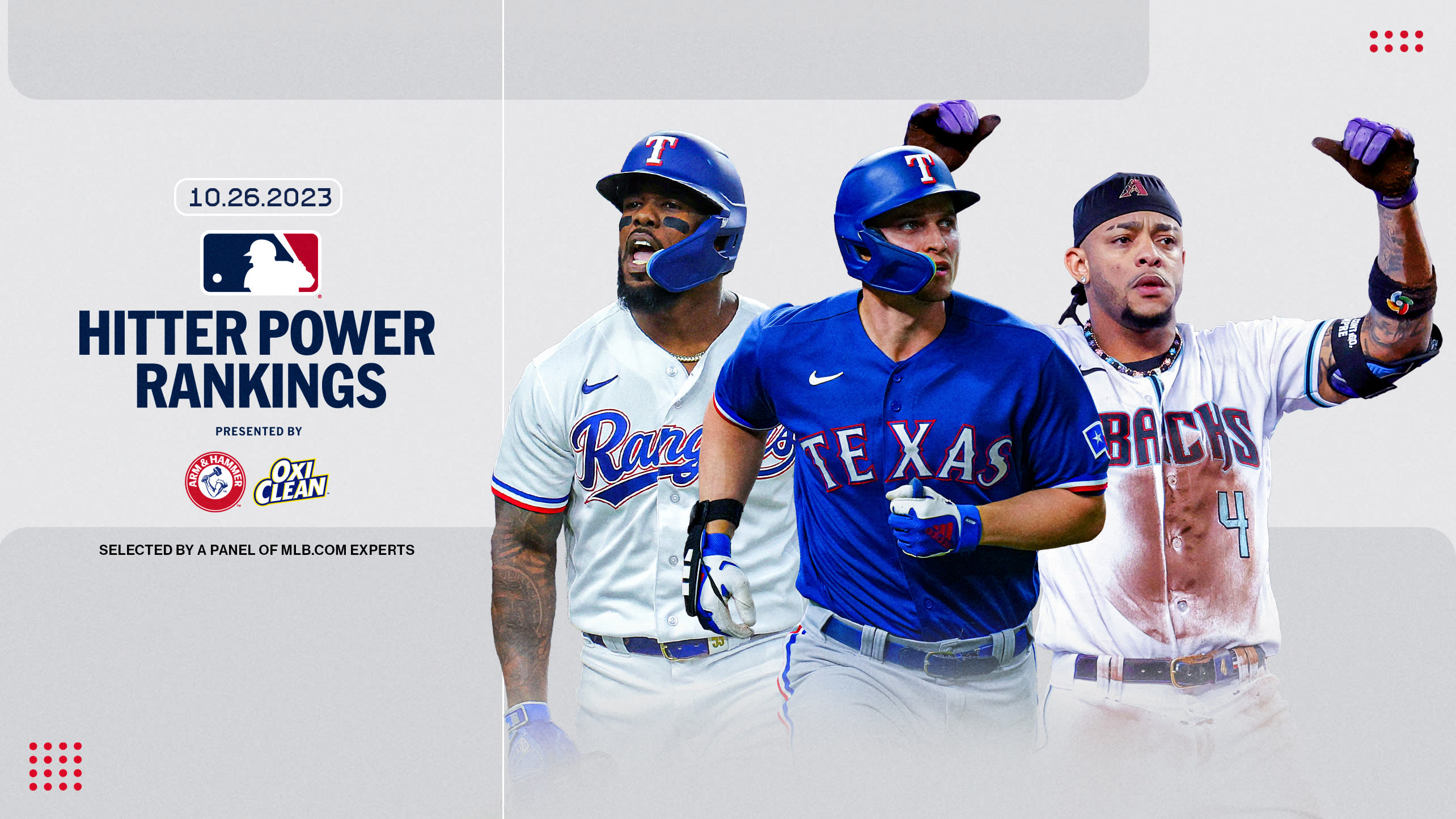 Adolis García, Corey Seager and Ketel Marte are pictured next to the Hitter Power Rankings logo
