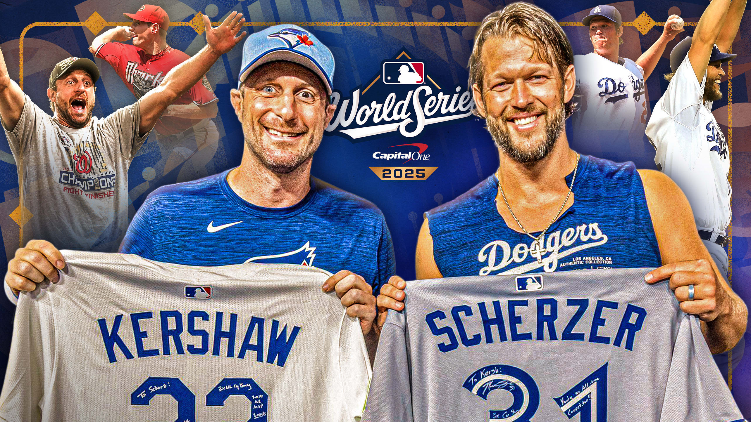 An image of Max Scherzer and Clayton Kershaw holding up each other's jerseys along with images of them earlier in their careers