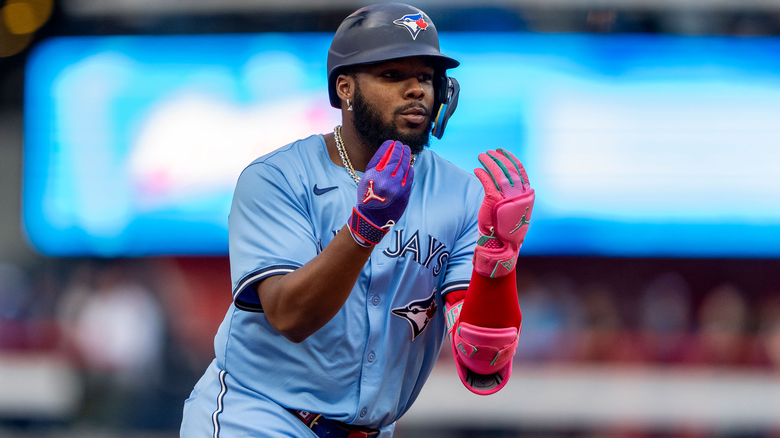 Vladimir Guerrero Jr. celebrates a home run as he rounds the bases