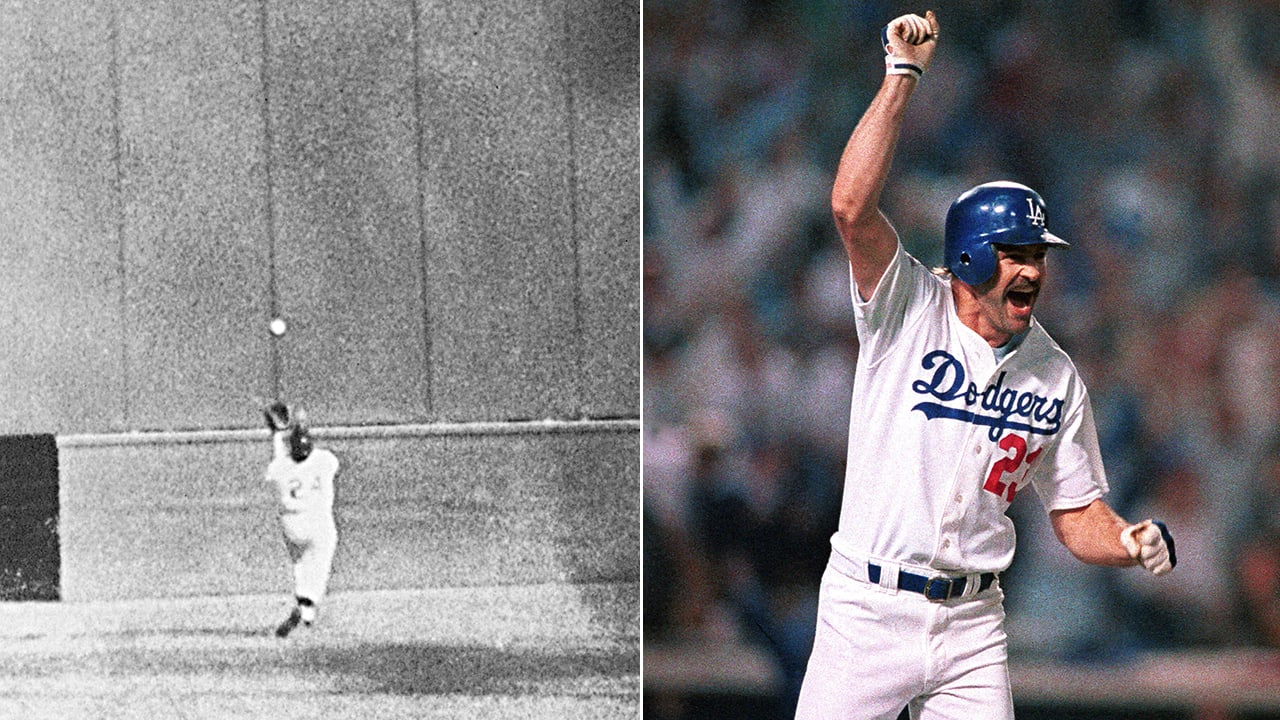 A split photo of Willie Mays and Kirk Gibson