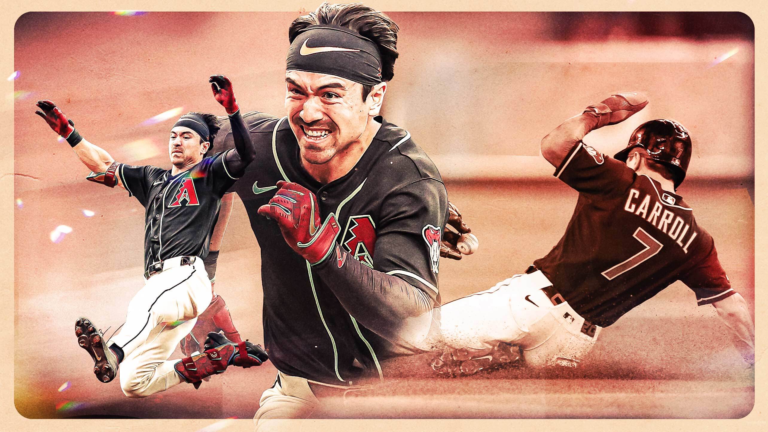 Three images of Corbin Carroll running the bases