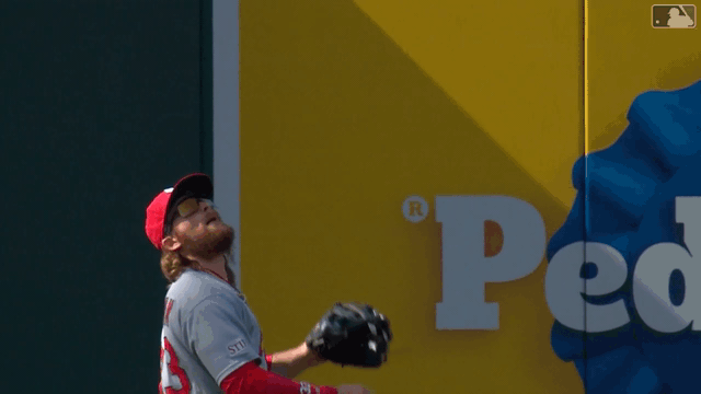 An animated gif of Brendan Donovan making a leaping catch