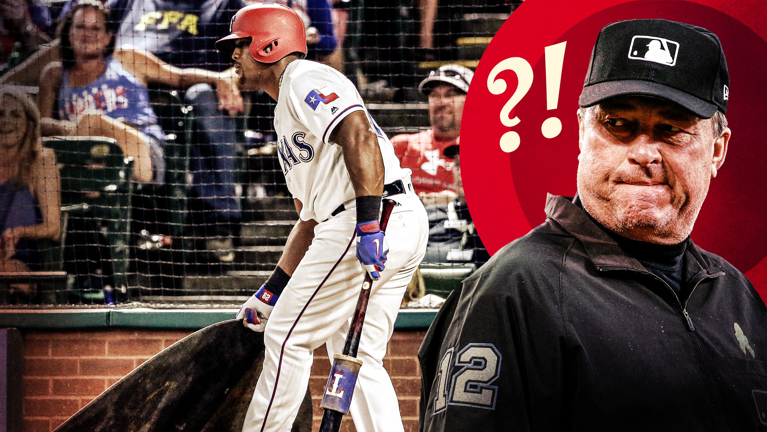 An image showing Adrián Beltré moving the on-deck circle and a photo of umpire Gerry Davis