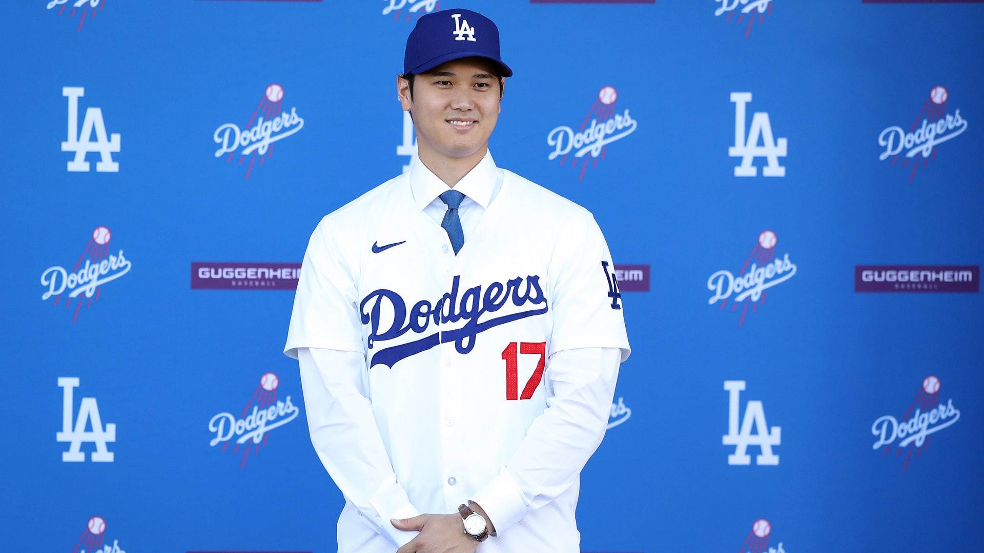 Shohei Ohtani at his press conference with the Dodgers last December