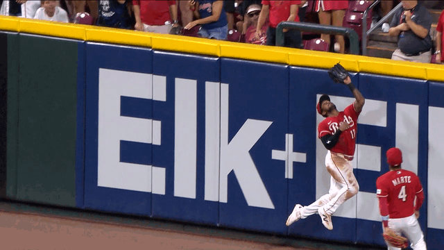 An animated gif of Reds center fielder Dane Myers making a leaping catch as he crashes into the wall