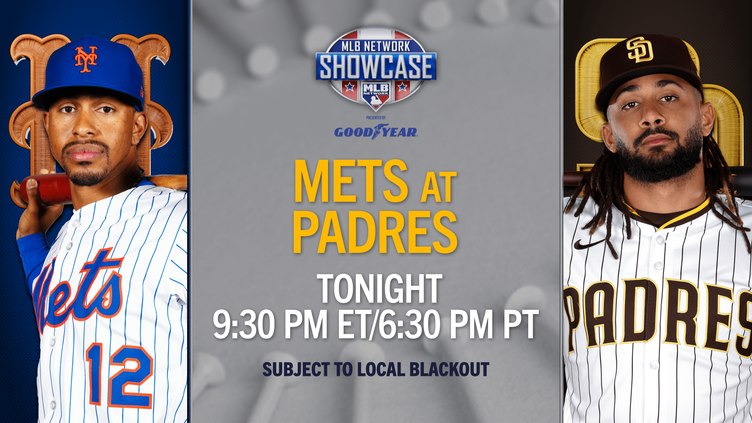 Images of Francisco Lindor and Fernando Tatis Jr. with text promoting MLB Network's Mets-Padres broadcast