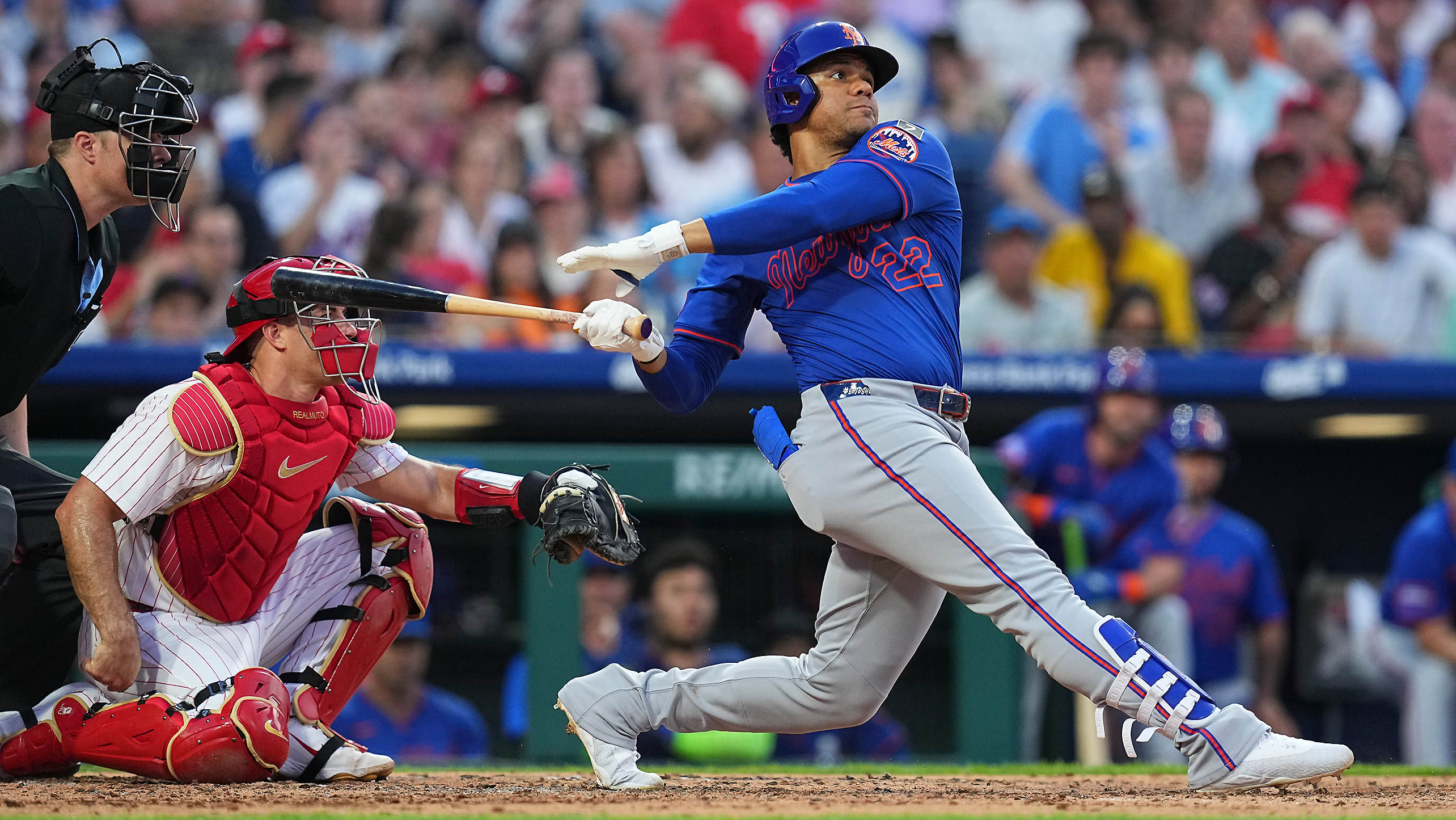 Juan Soto follows through on a home run swing