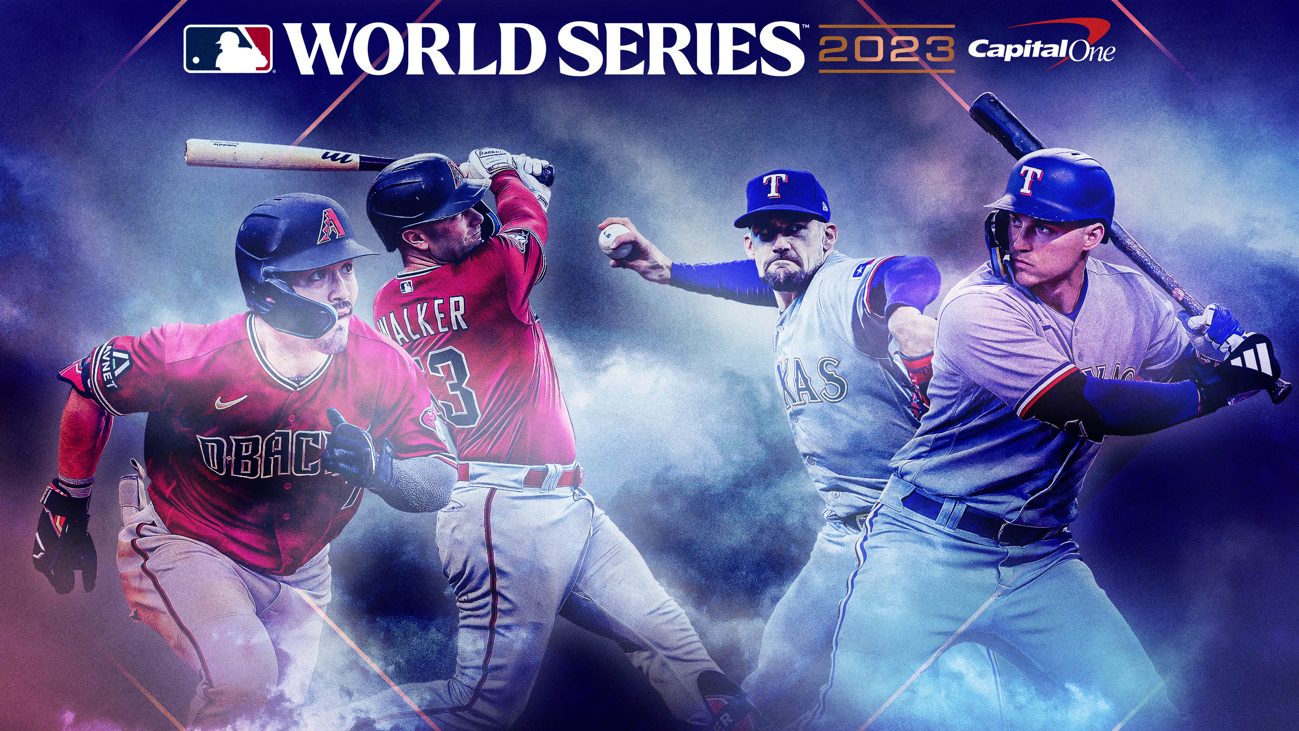 Corbin Carroll, Christian Walker, Nathan Eovaldi and Corey Seager are pictured beneath the World Series logo