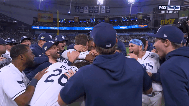 An animated gif of the Rays celebrating their walk-off win