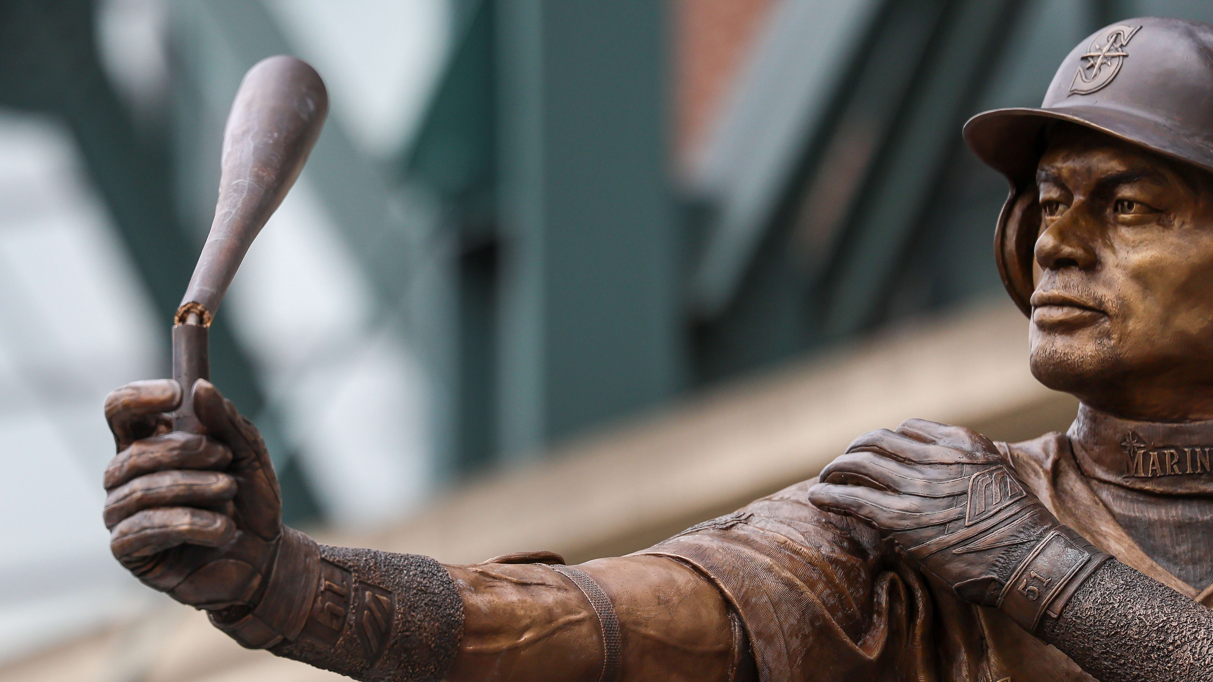 A close-up of the broken bat on the new Ichiro Suzuki statue