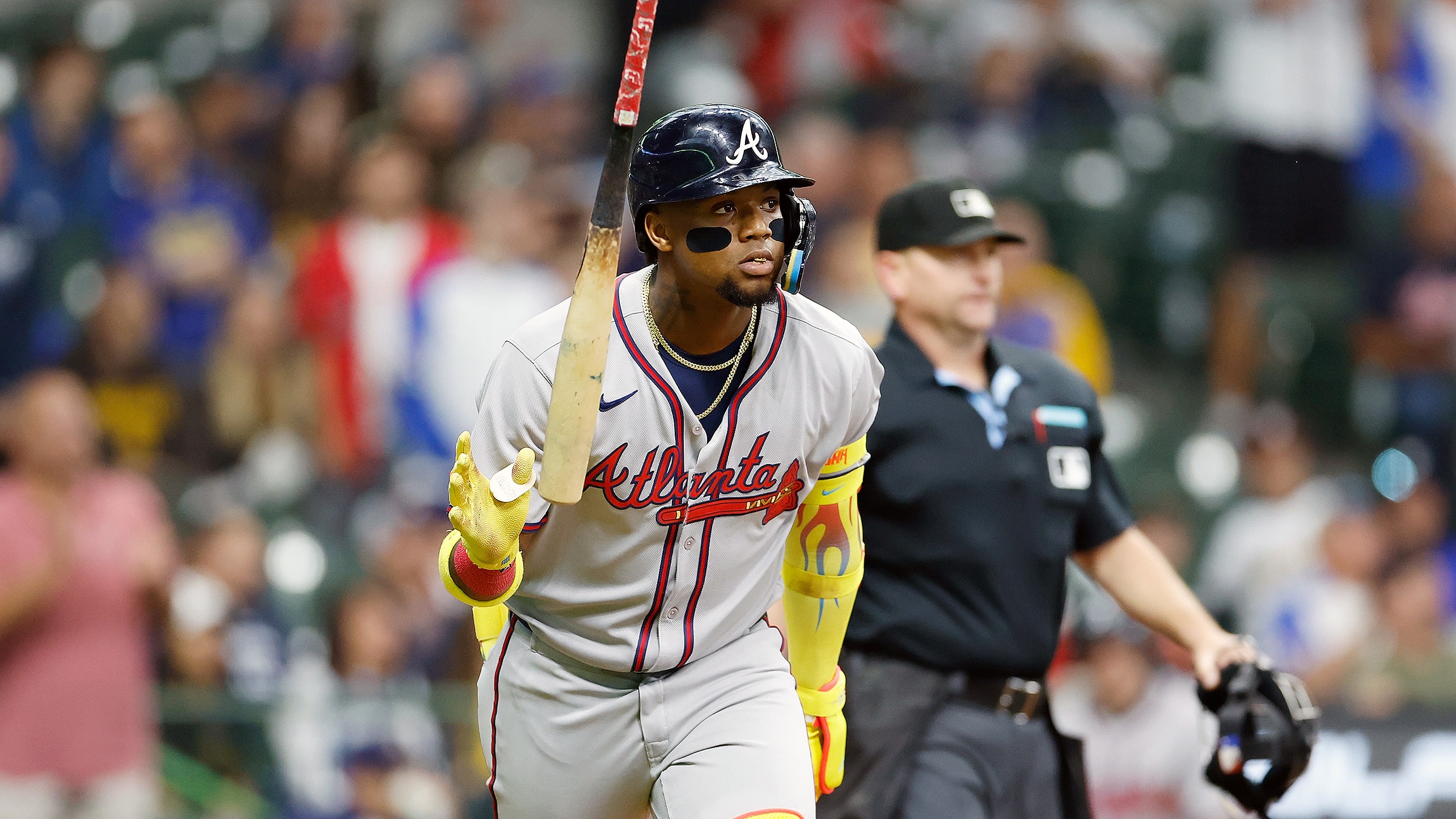 Ronald Acuña Jr. flips his bat