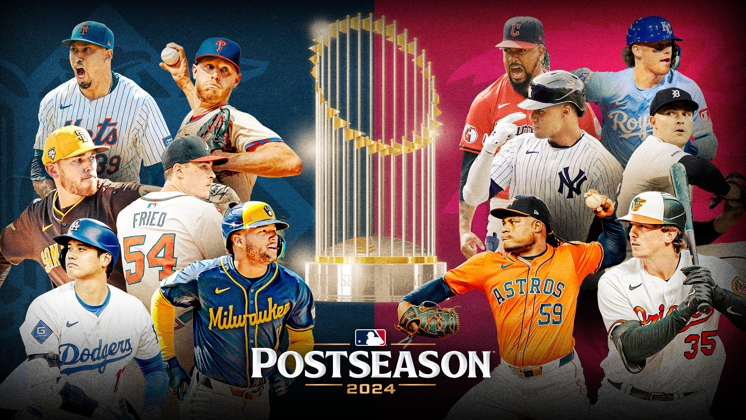 Photos of players from each of the 12 postseason teams with the 2024 postseason logo