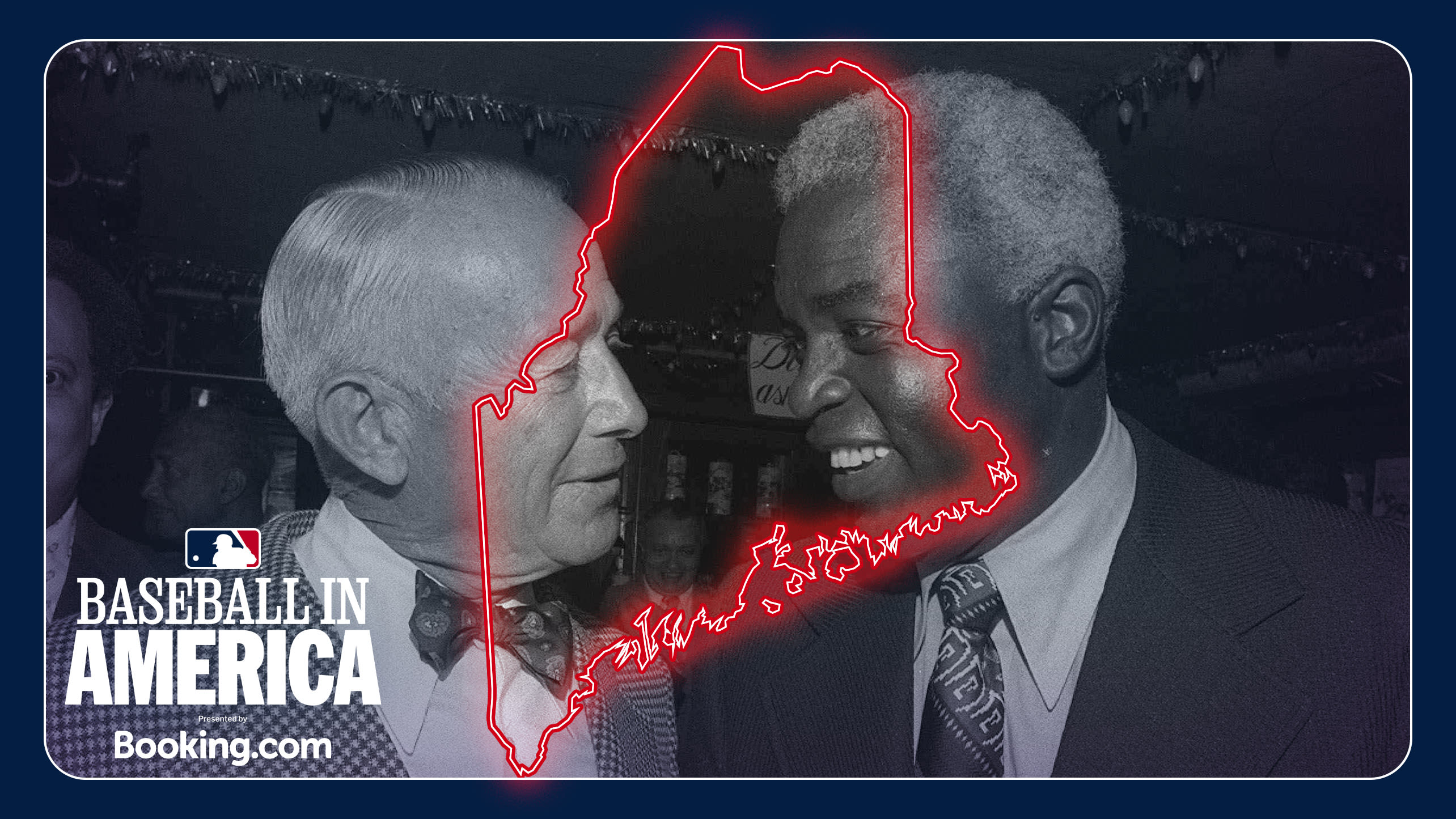 A photo of Clyde Sukeforth and Jackie Robinson with an overlay of an outline of Maine