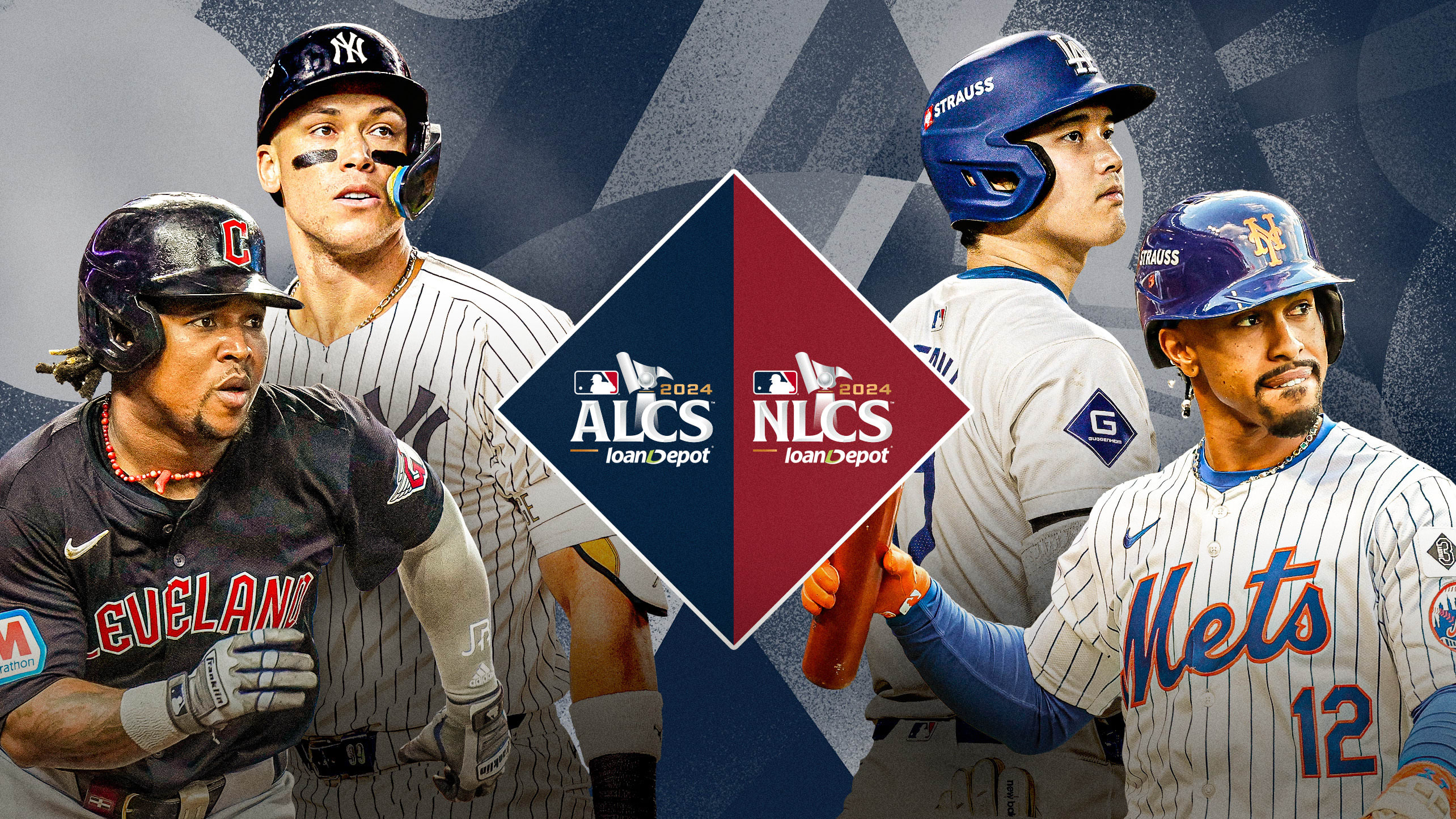 José Ramírez, Aaron Judge, Shohei Ohtani and Francisco Lindor with the ALCS and NLCS logos