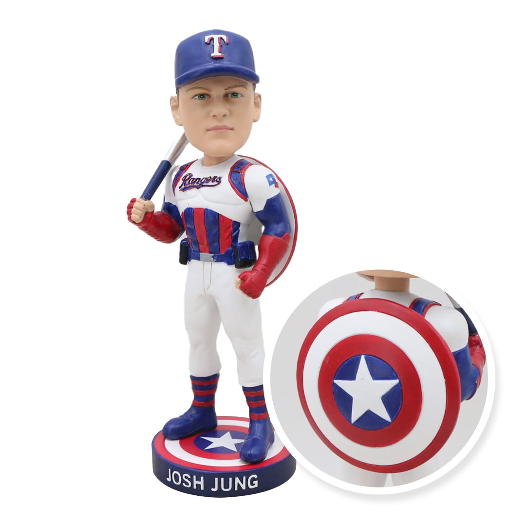 Theme night tickets purchased through this offer will come with a Marvel Captain America-inspired Josh Jung bobblehead. 

if you are trying to purchase in the MLB Ballpark app, be sure to purchase your Theme/Community Night ticket from rangers.com/themenights.