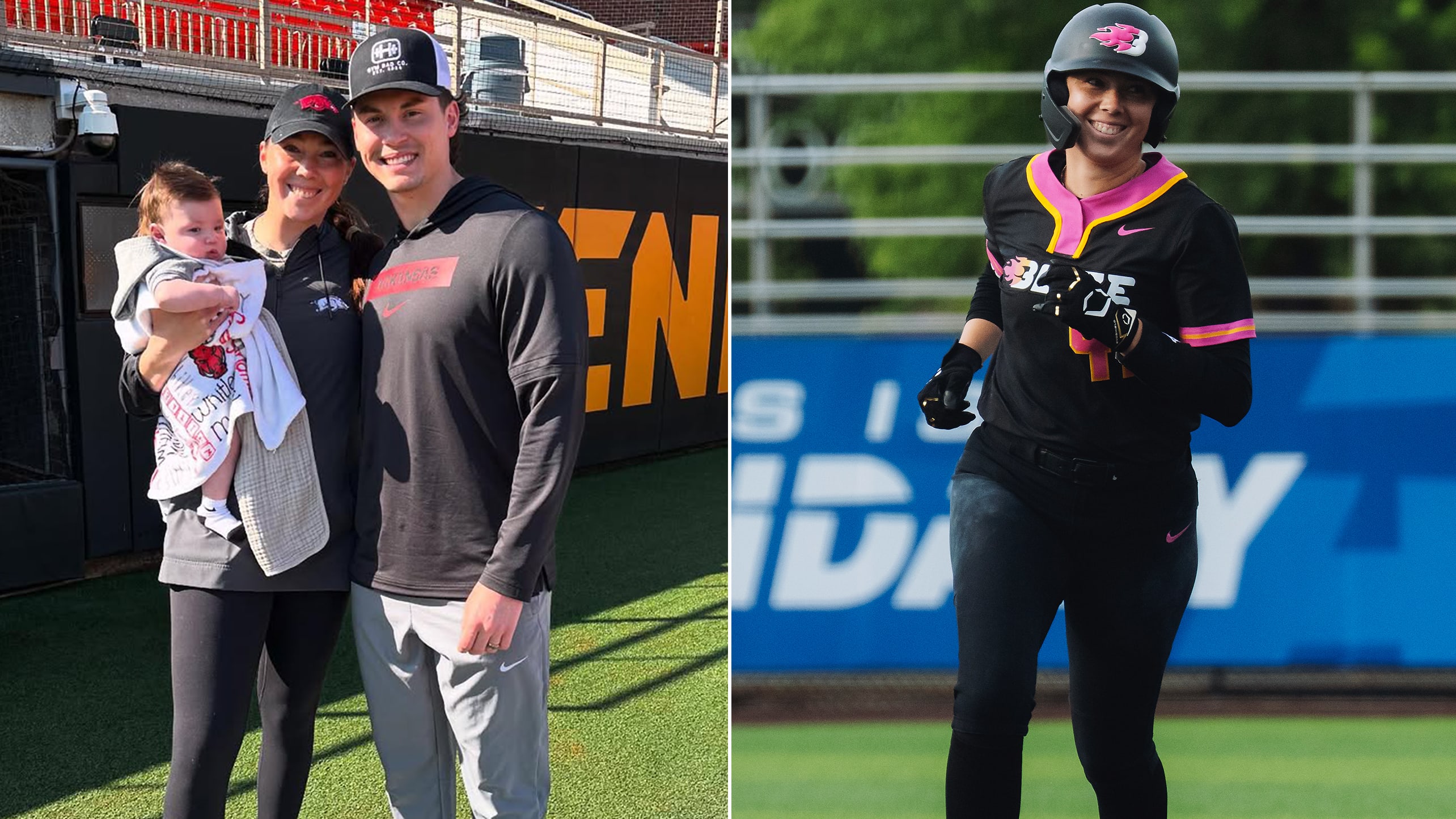Images of Danielle Gibson Whorton with her husband and son and rounding the bases after a home run