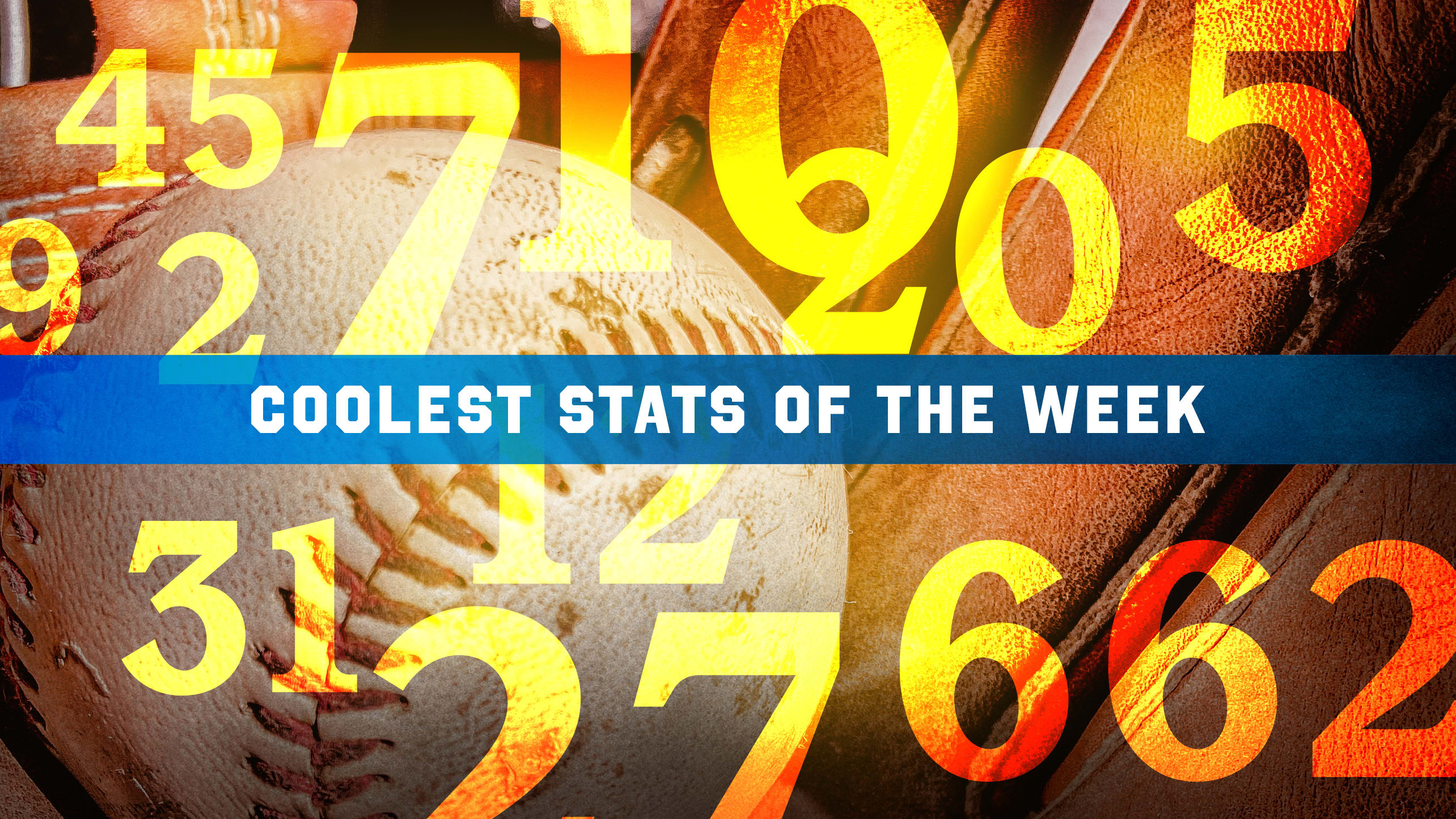 An image of a baseball in a glove overlaid with various numbers in yellow bisected horizontally by a blue banner reading ''Coolest Stats of the Week''