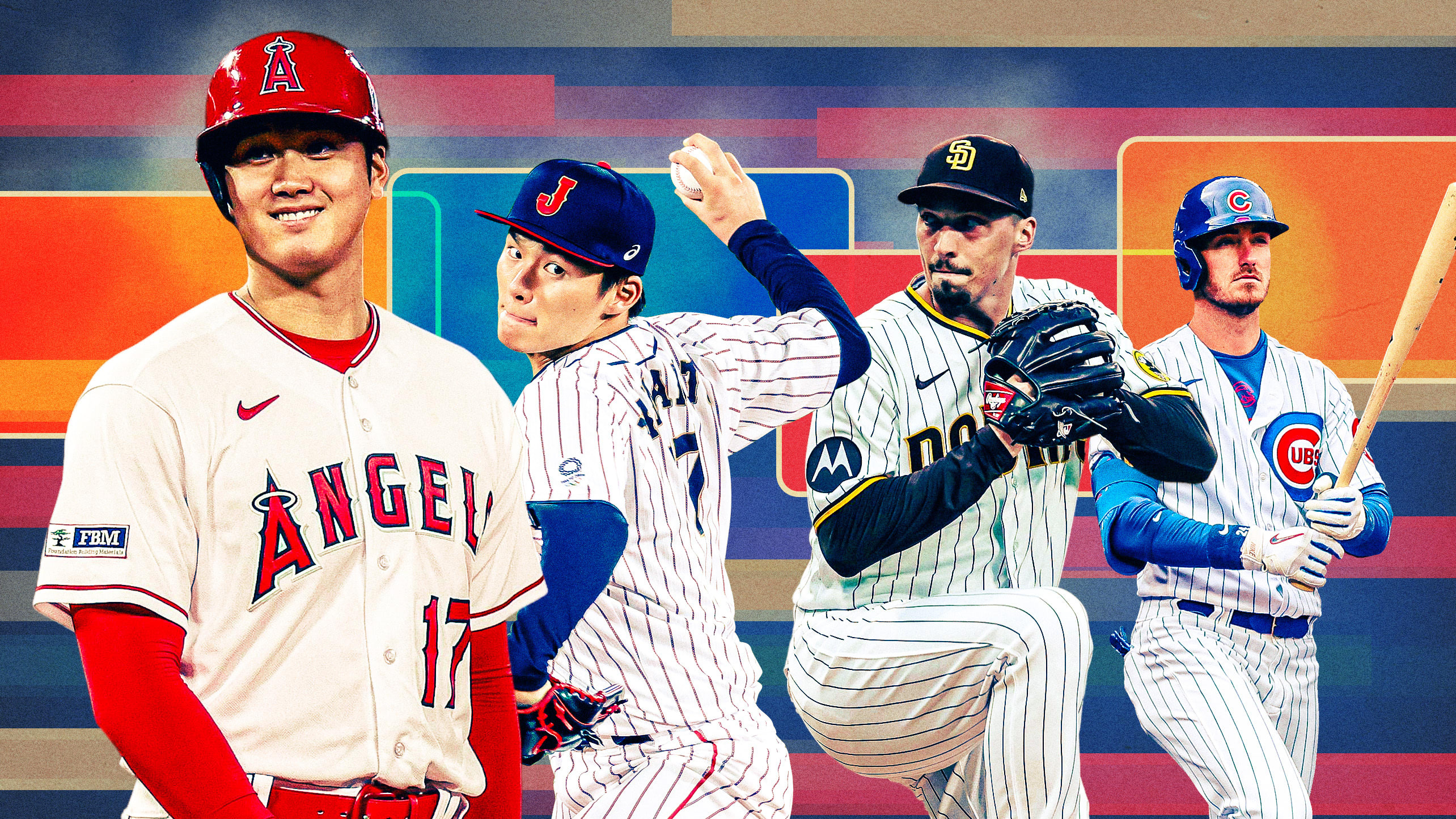 A photo illustration of Shohei Ohtani, Yoshinobu Yamamoto, Blake Snell and Cody Bellinger