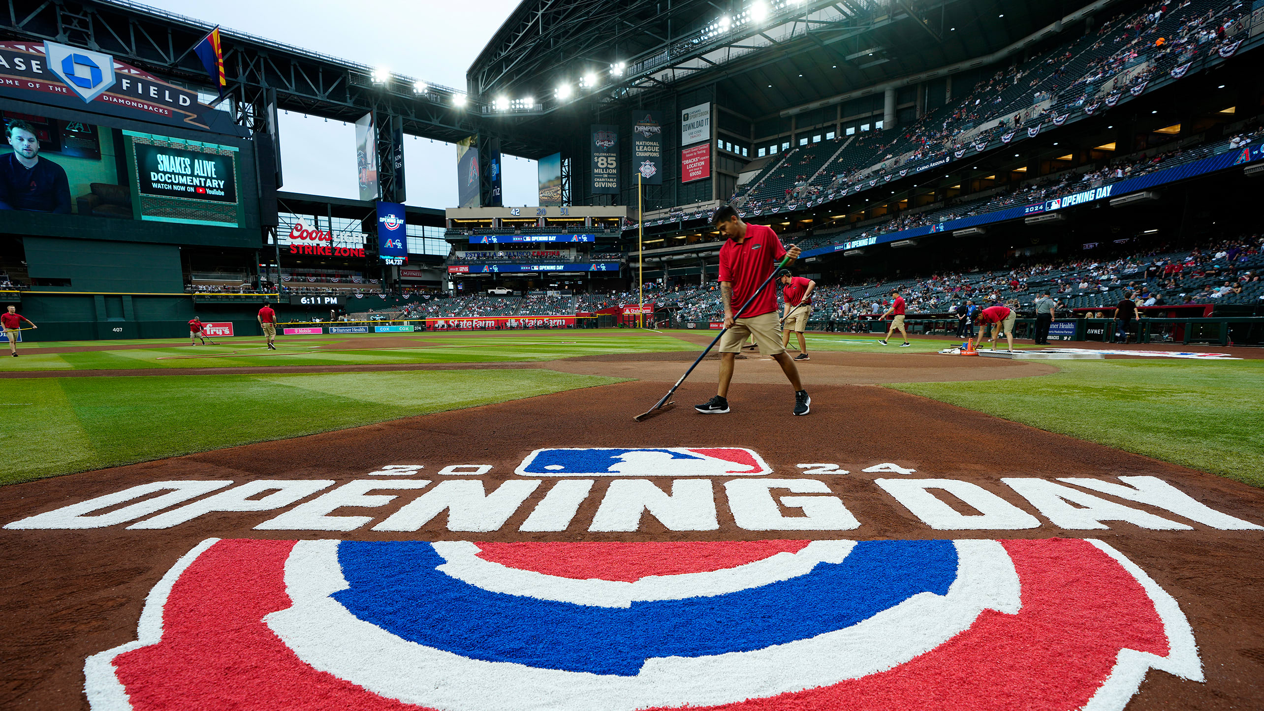 The Opening Day logo on a baseball field