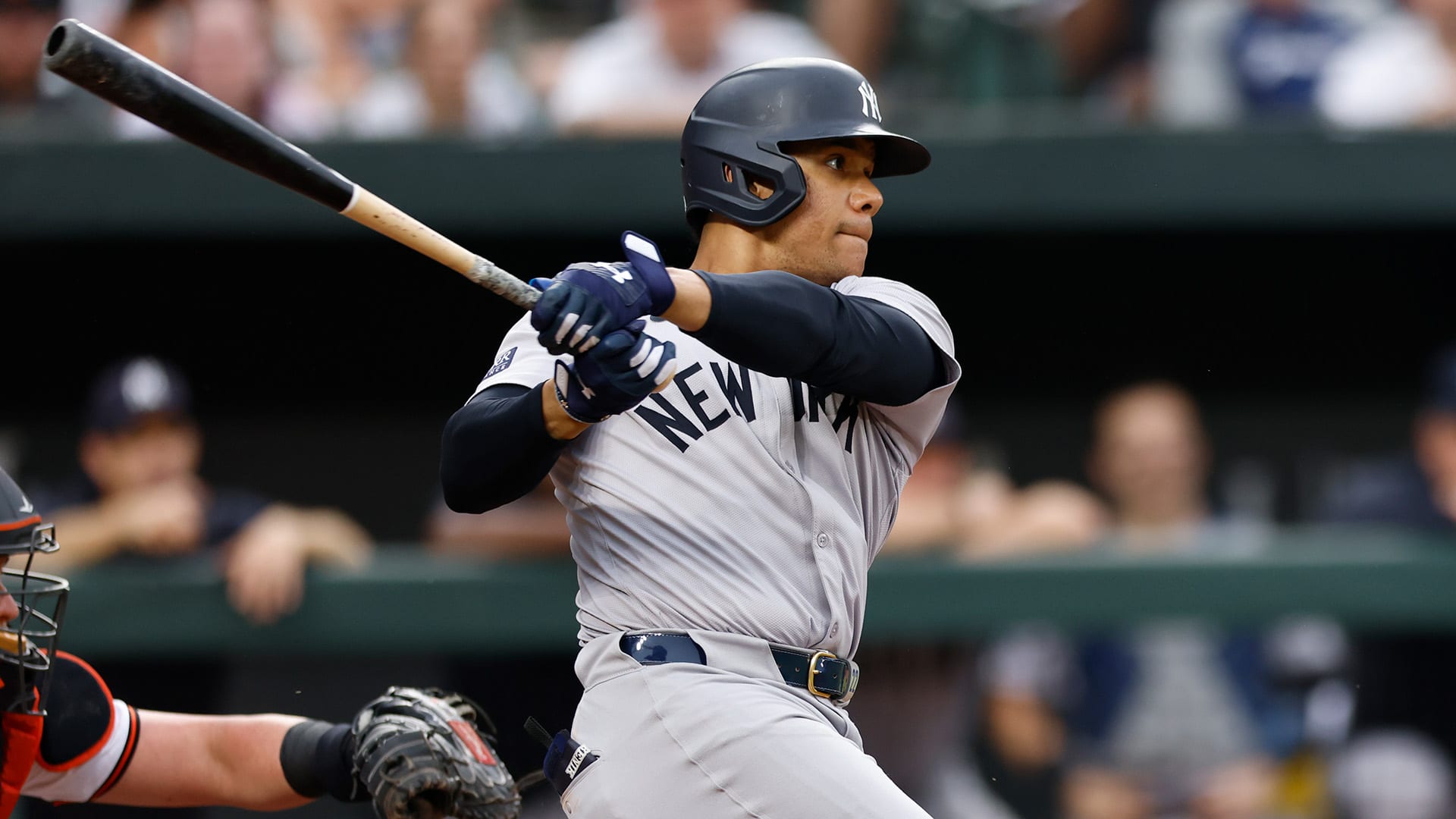 Juan Soto follows through on his home run onto Eutaw Street