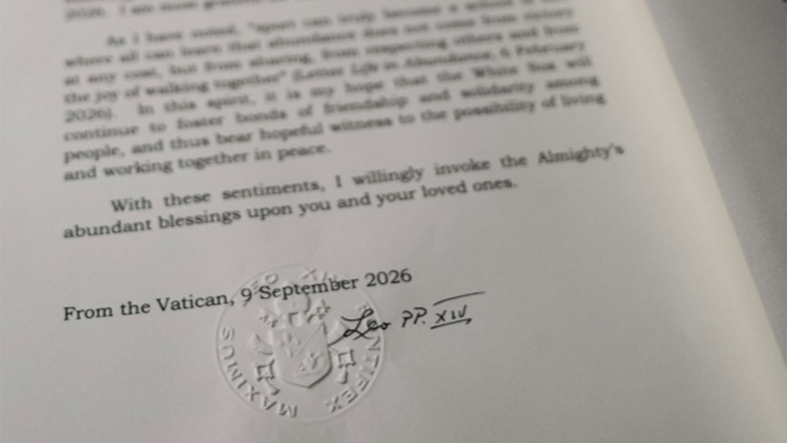 A letter signed by Pope Leo XIV