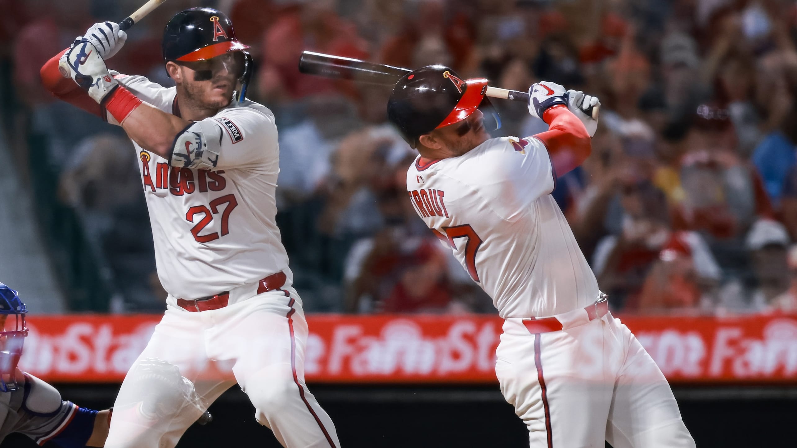 A double exposure of Mike Trout at bat