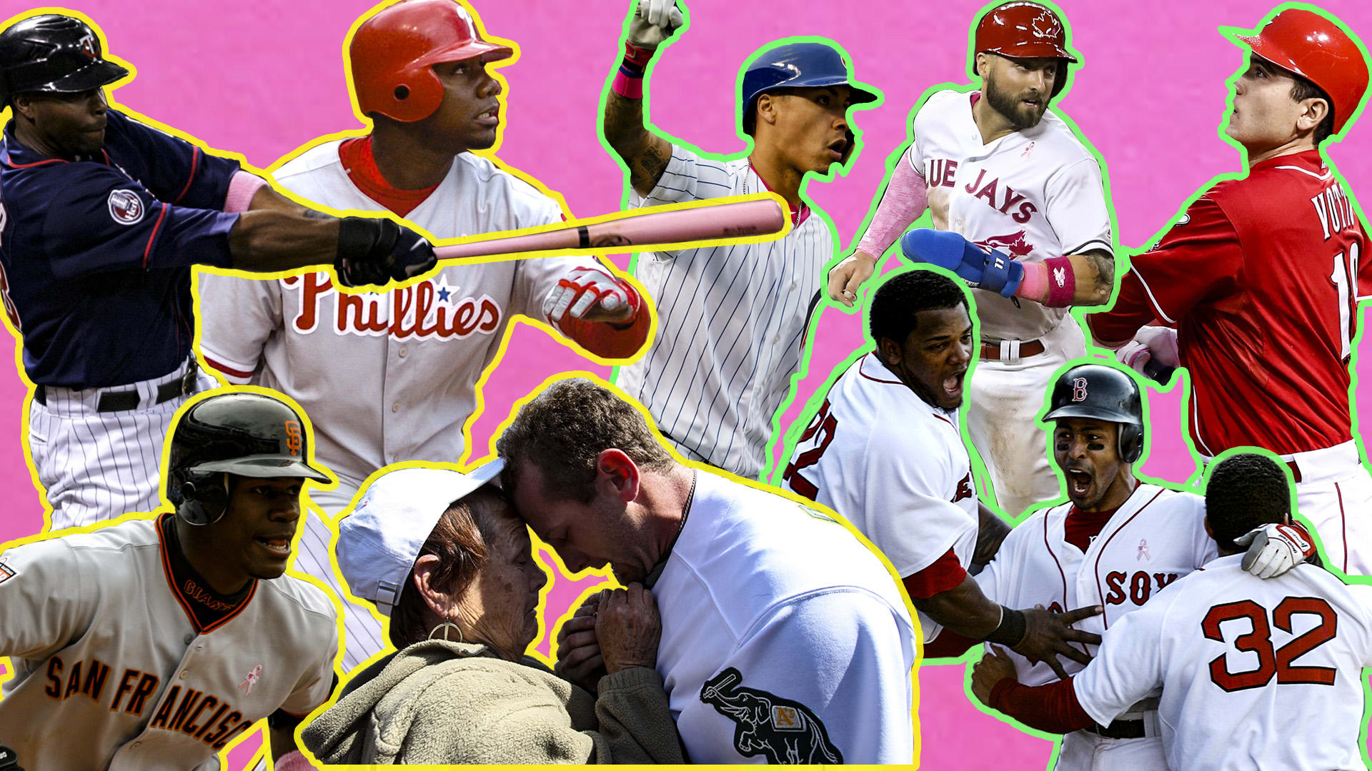 A collage of images of memorable Mother's Day moments in baseball