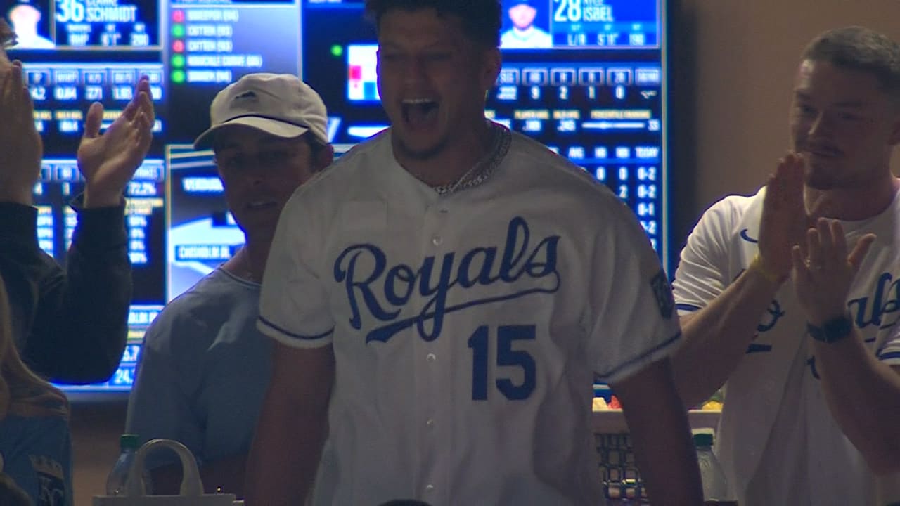 Patrick Mahomes celebrates during a Royals rally