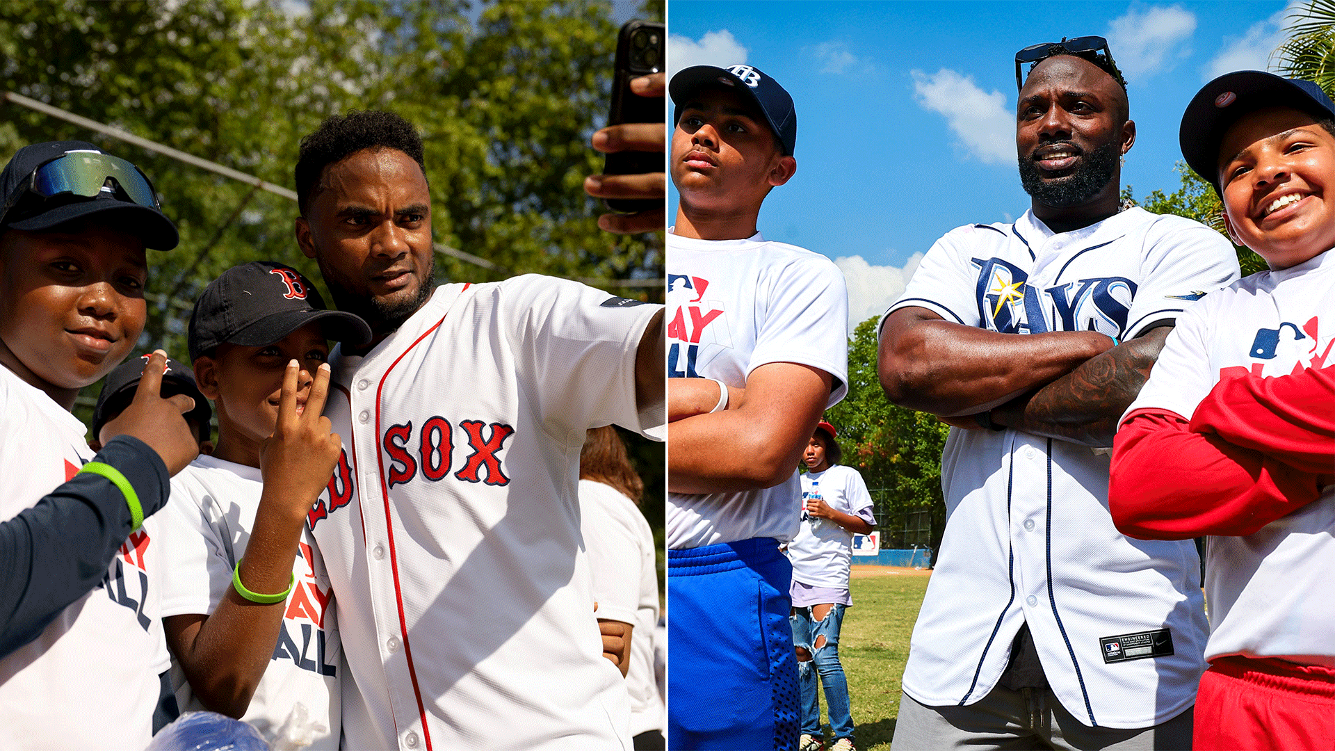 A split photo of Pablo Reyes and Randy Arozarena with kids at a PLAY BALL event