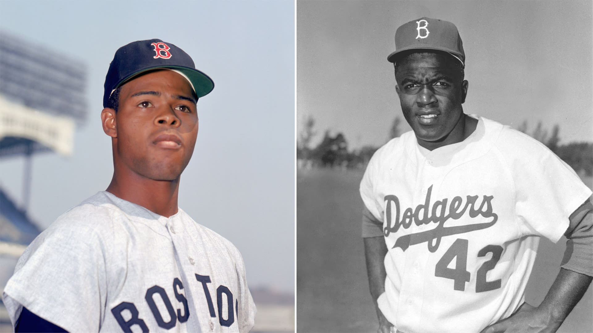 Side-by-side images of Reggie Smith and Jackie Robinson