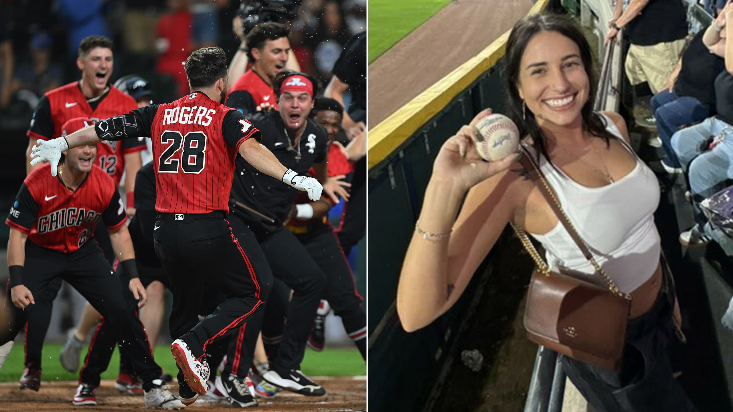 Images of Jake Rogers celebrating his walk-off homer and fan Emma Rodriguez with the home run ball