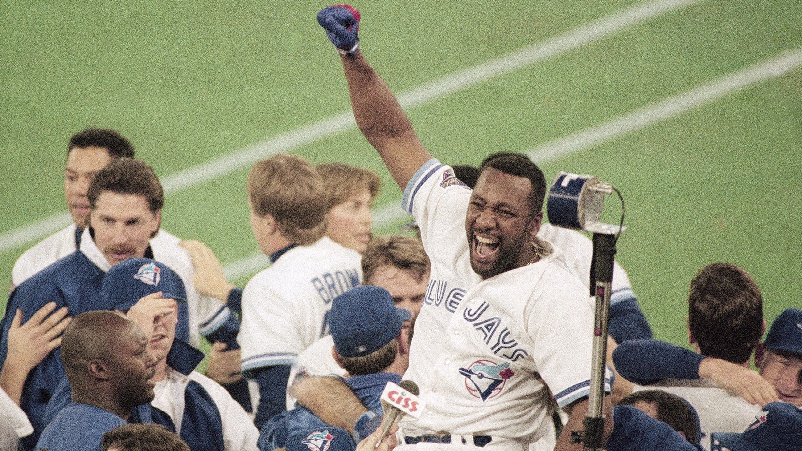 Joe Carter and the Blue Jays celebrate after winning the 1993 World Series