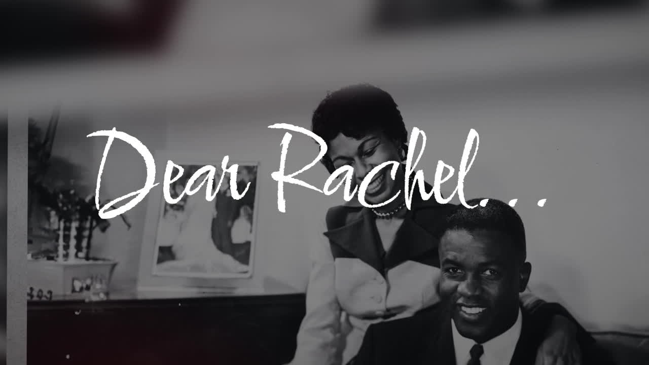 A photo of Rachel and Jackie Robinson with the text Dear Rachel