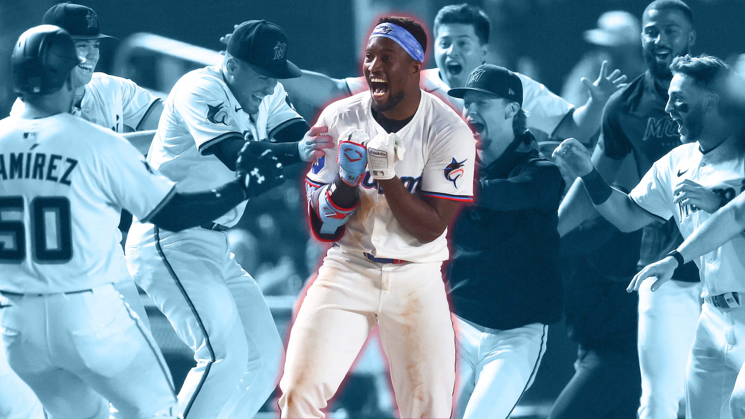 Jesús Sánchez is mobbed by Marlins after his walk-off triple