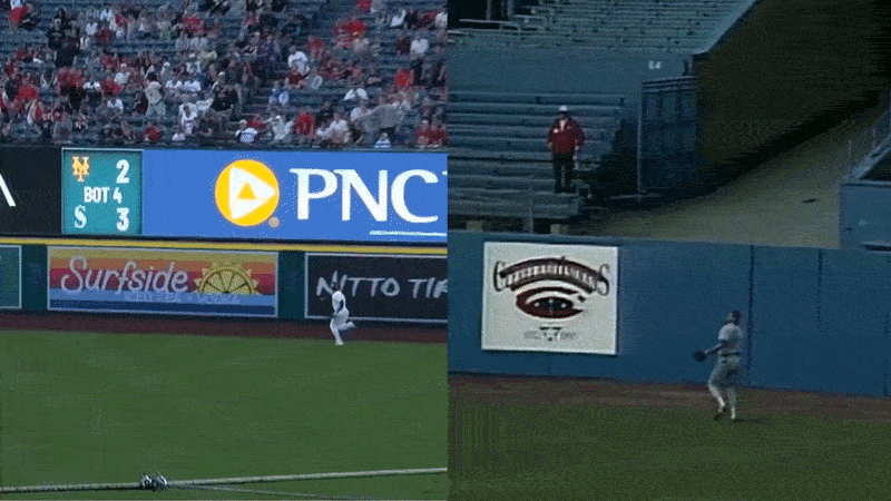 An animated GIF of home runs bouncing off the heads of Jo Adell and Jose Canseco