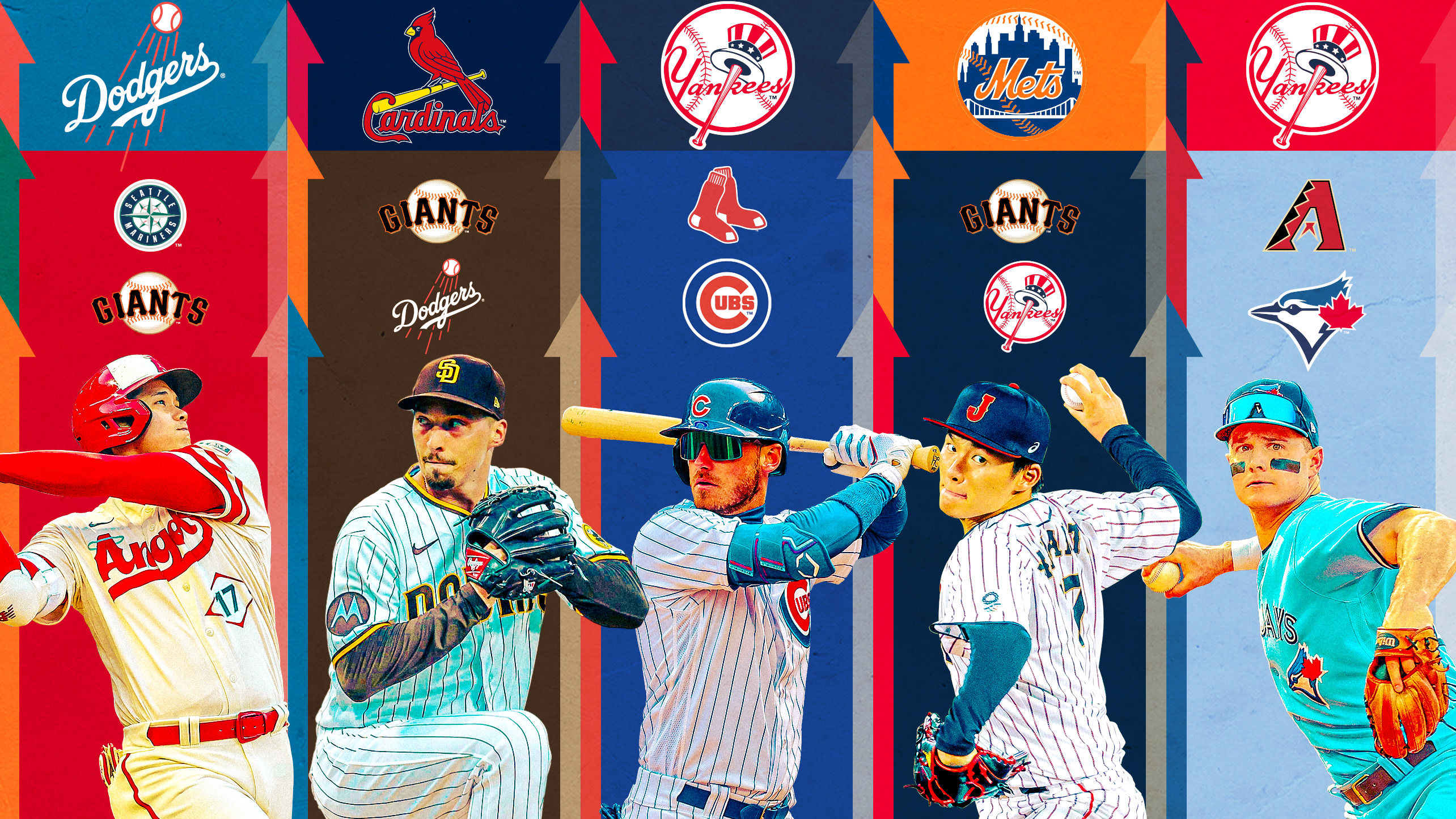 Shohei Ohtani, Blake Snell, Cody Bellinger, Yoshinobu Yamamoto and Matt Chapman side by side with logos for an assortment of MLB teams above their heads