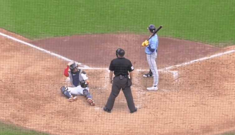 Twins catcher Ryan Jeffers challenging a call