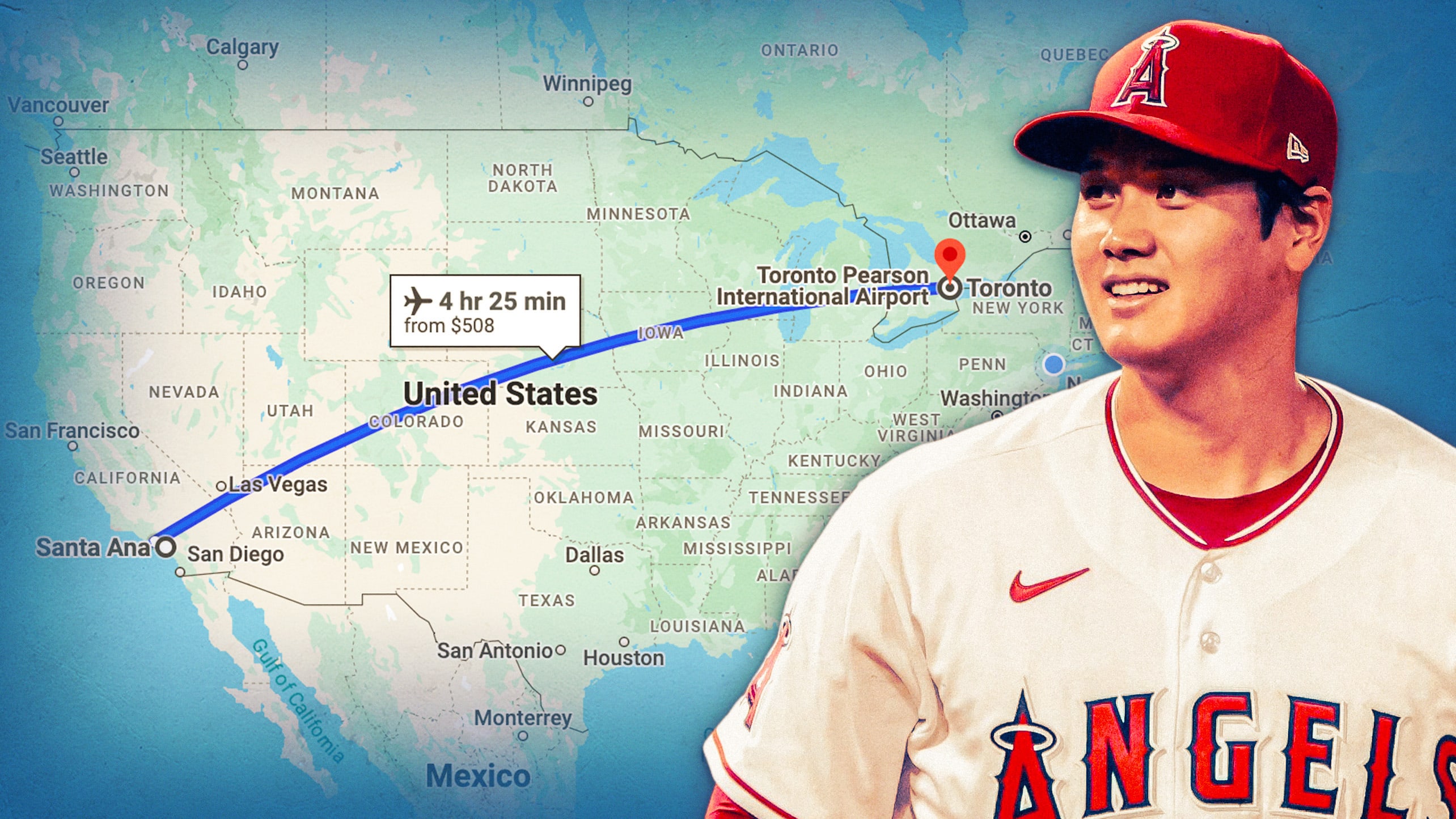 An image of Shohei Ohtani with a map tracking a flight from Southern California to Toronto in the background