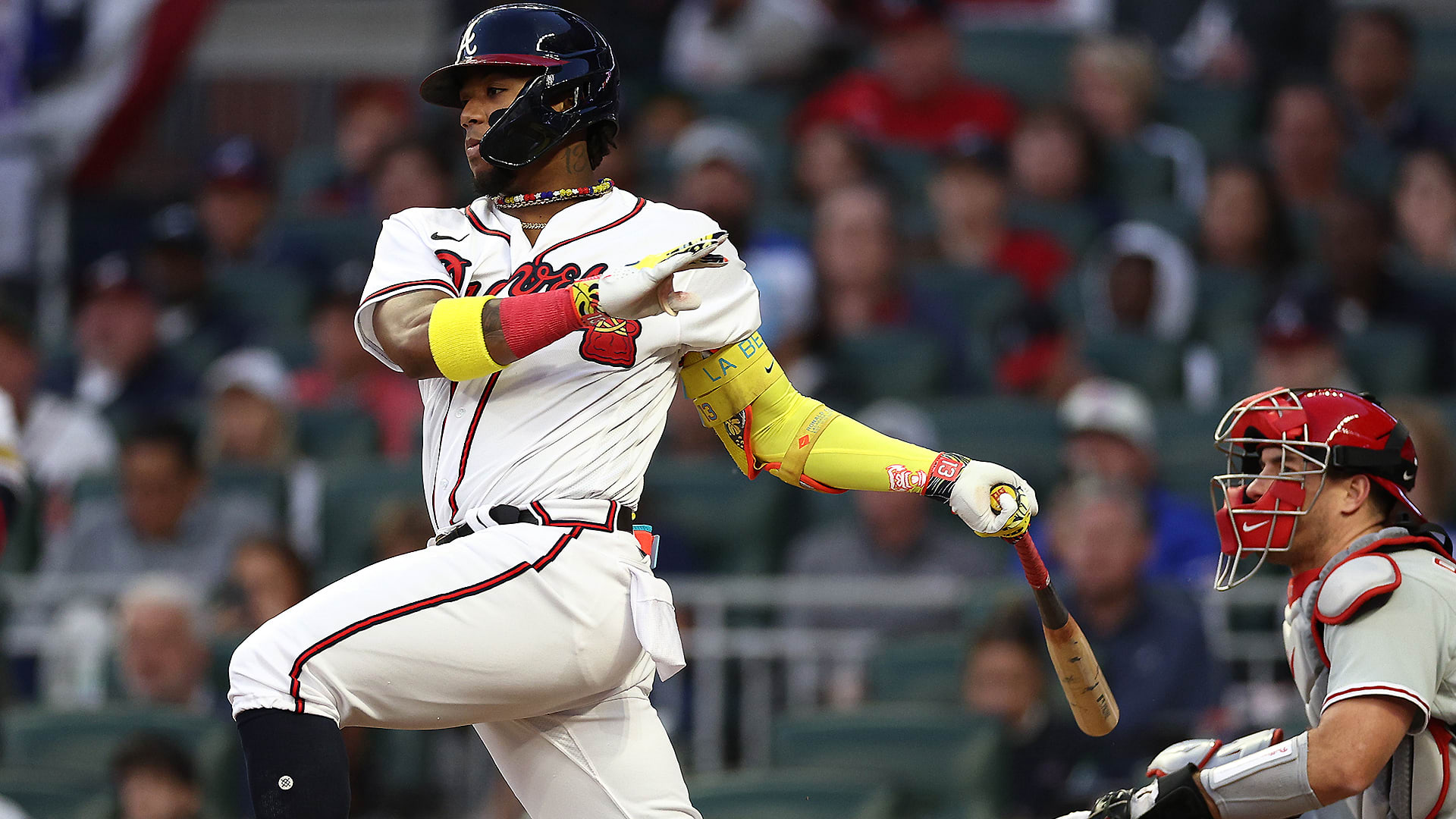 Ronald Acuña Jr. follows through on a swing