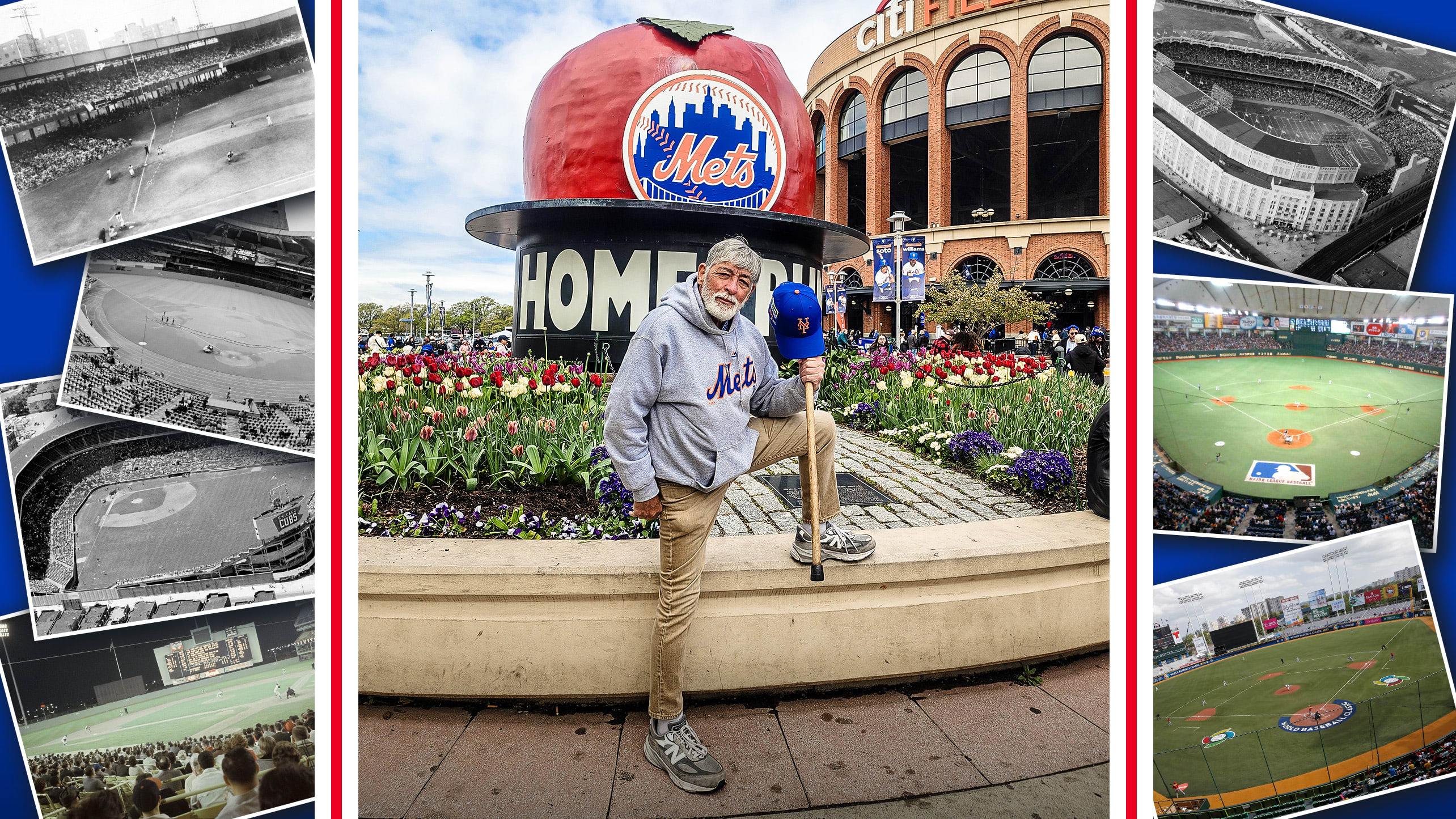 Photographs of ballparks flanking a man posing in front of the Home Run Apple outside Citi Field