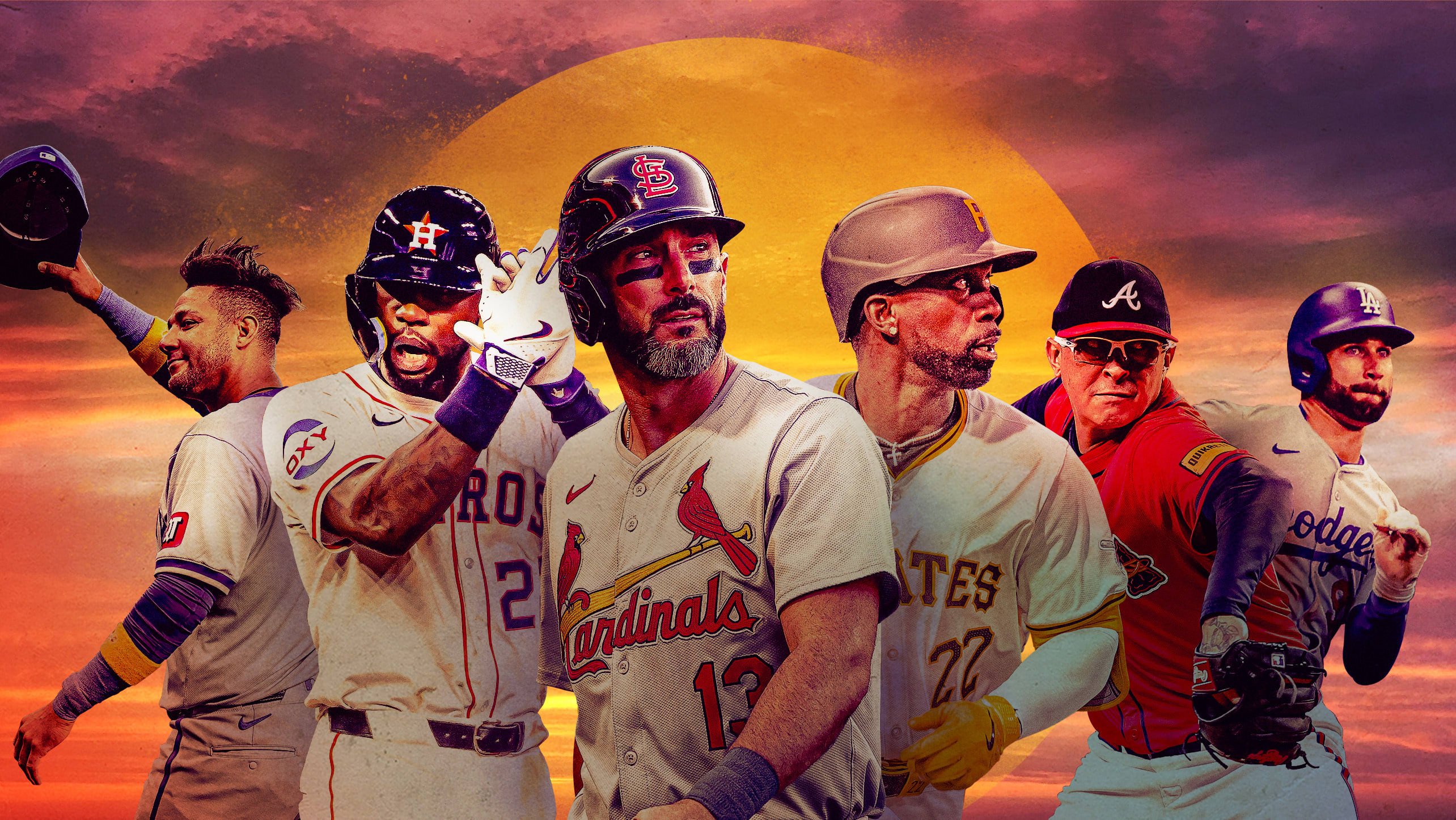 A photo illustration depicting Yuli Gurriel, Jason Heyward, Matt Carpenter, Andrew McCutchen, Jesse Chavez and Kevin Kiermaier against a setting sun