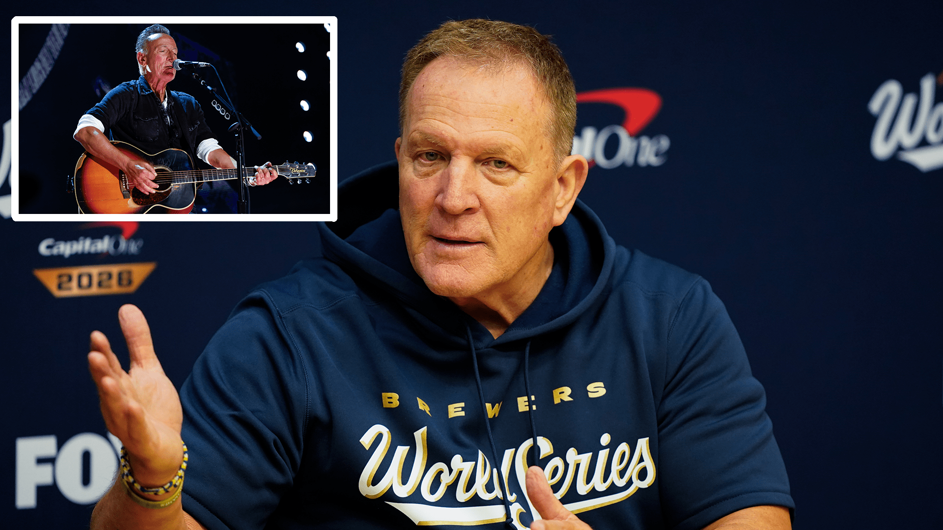 Brewers manager Pat Murphy at a news conference, with an inset of Bruce Springsteen on stage