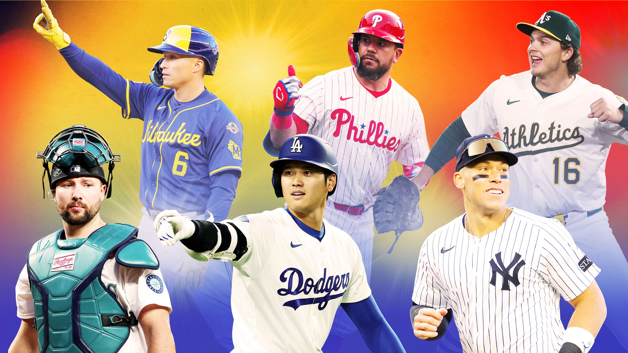 Cal Raleigh, Isaac Collins, Shohei Ohtani, Kyle Schwarber, Aaron Judge and Nick Kurtz
