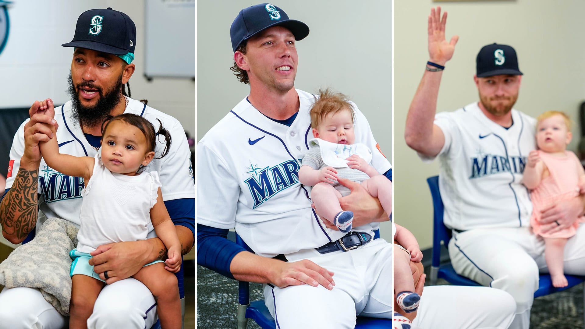 J.P. Crawford, Logan Gilbert and Luke Raley holding babies