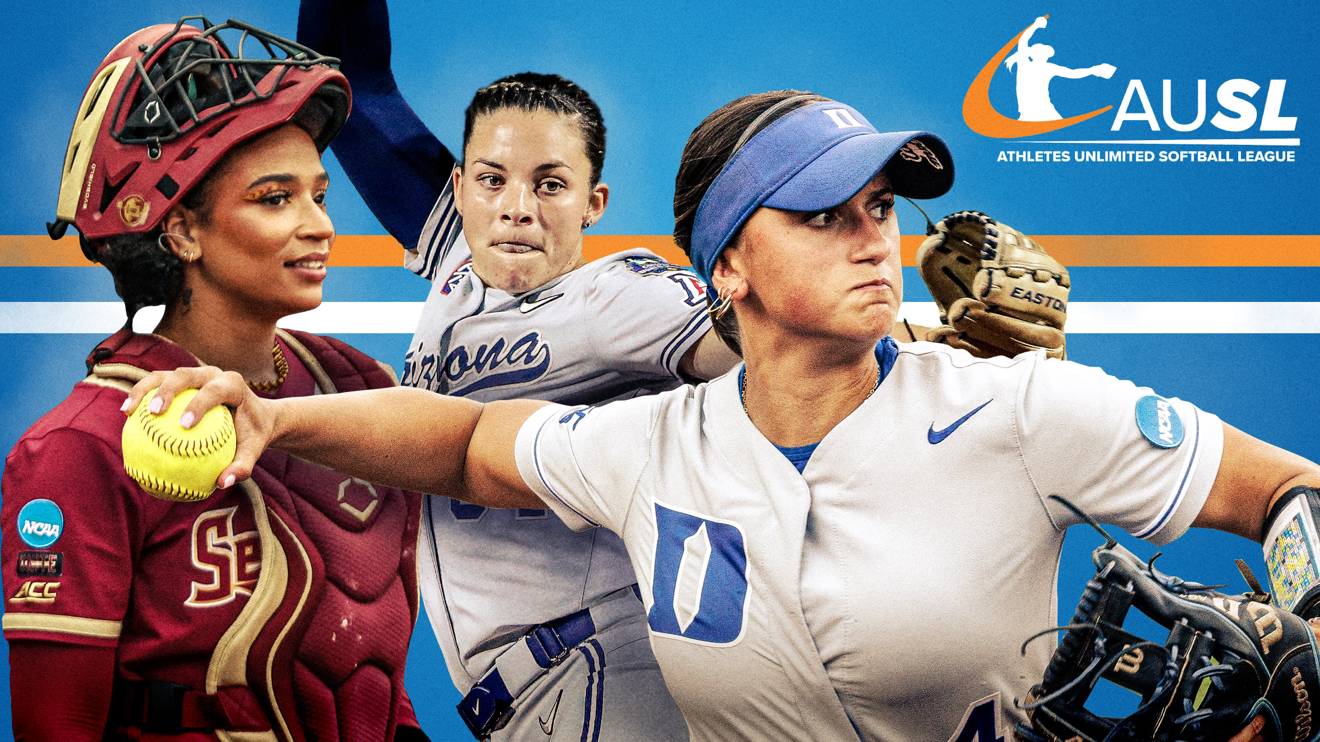 Images of 3 college softball players in action