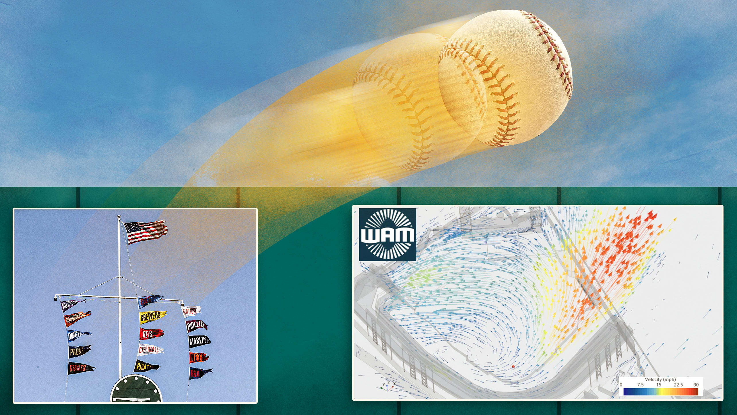 A picture of the Wrigley Field pennants with photo illustrations of a baseball in flight and wind patterns