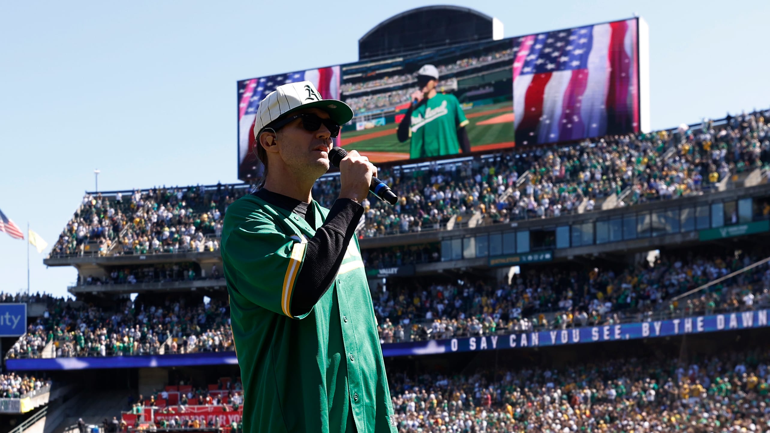 Barry Zito sings the national anthem in Oakland